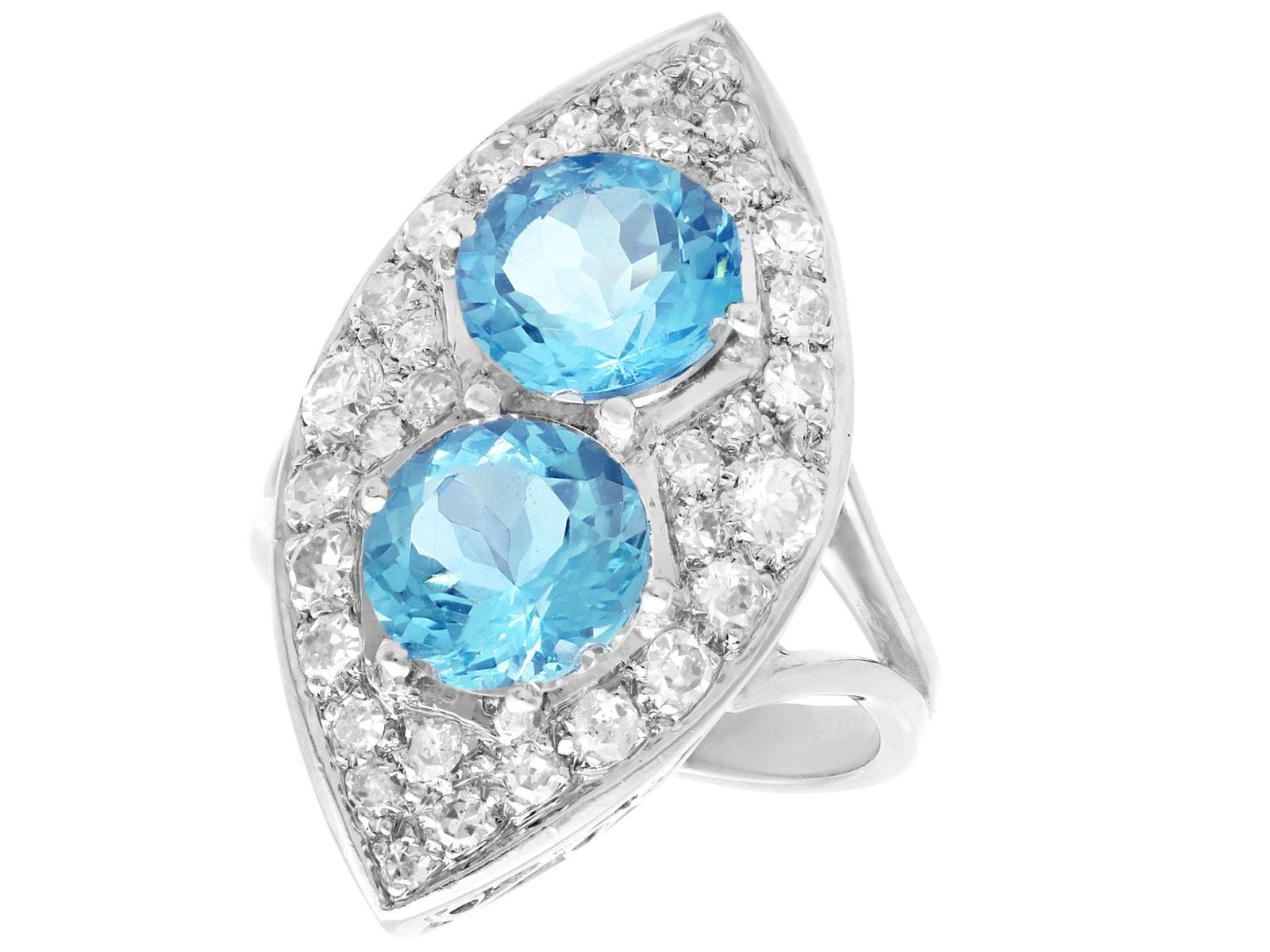 3.03ct Aquamarine & 1.42ct Diamond, 18ct White Gold Marquise Ring - Vintage French c.1950 (1 of 9)