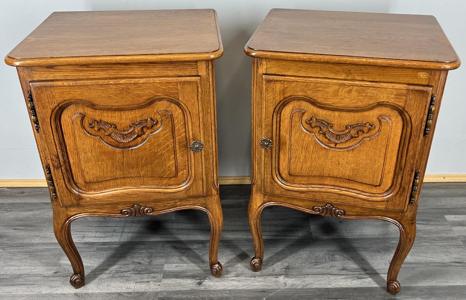 Pair of  Bedside Tables Vintage French Oak Nightstands Carved Cabinet (1 of 14)