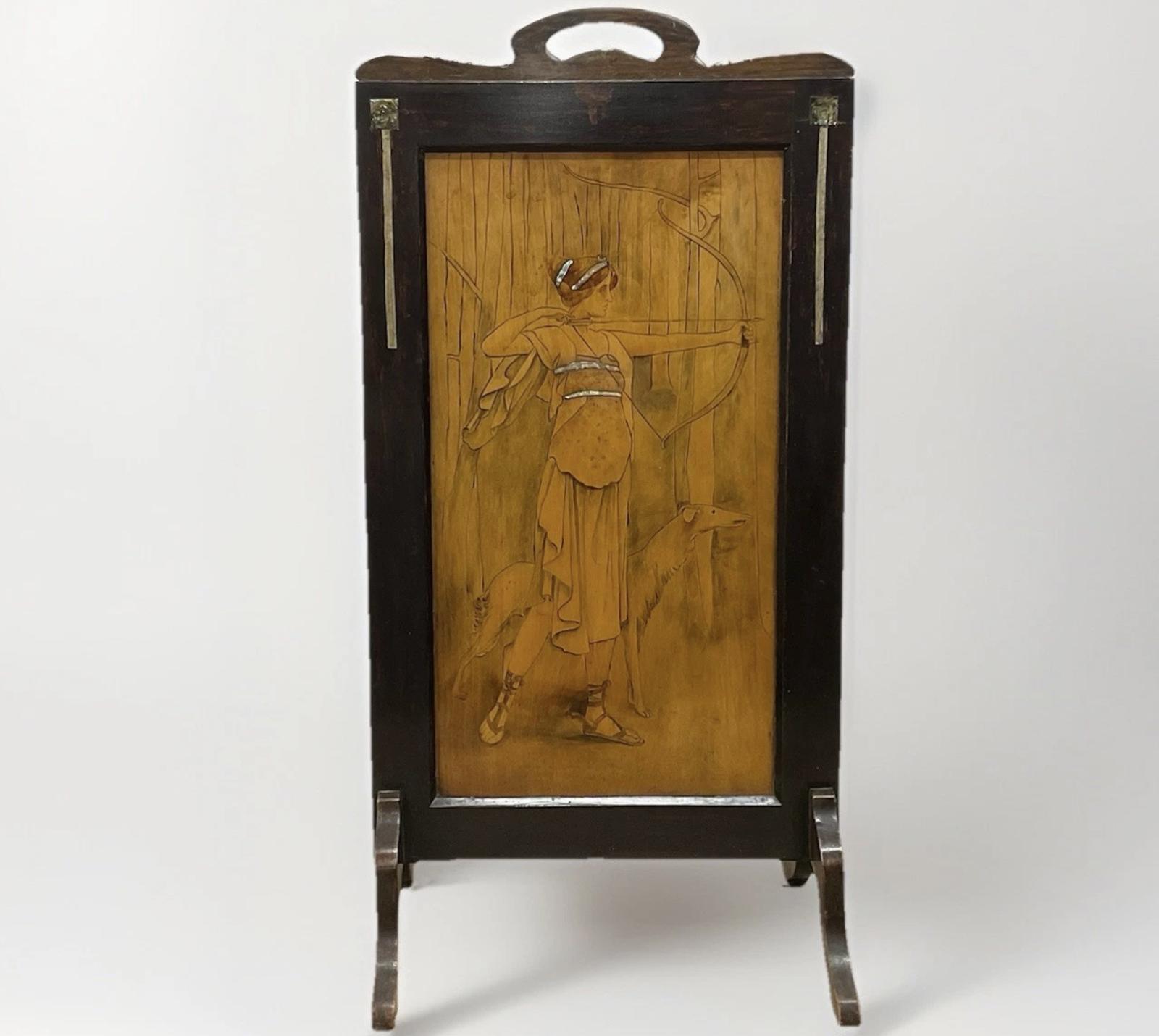 Arts & Crafts Penwork Wooden Screen Lady & Dog Designs with Shell Inlays Antique Victorian c.1880 (1 of 10) Arts & Crafts Penwork Wooden Screen Lady & Dog Designs with Shell Inlays Antique Victorian c.1880 (1 of 10)