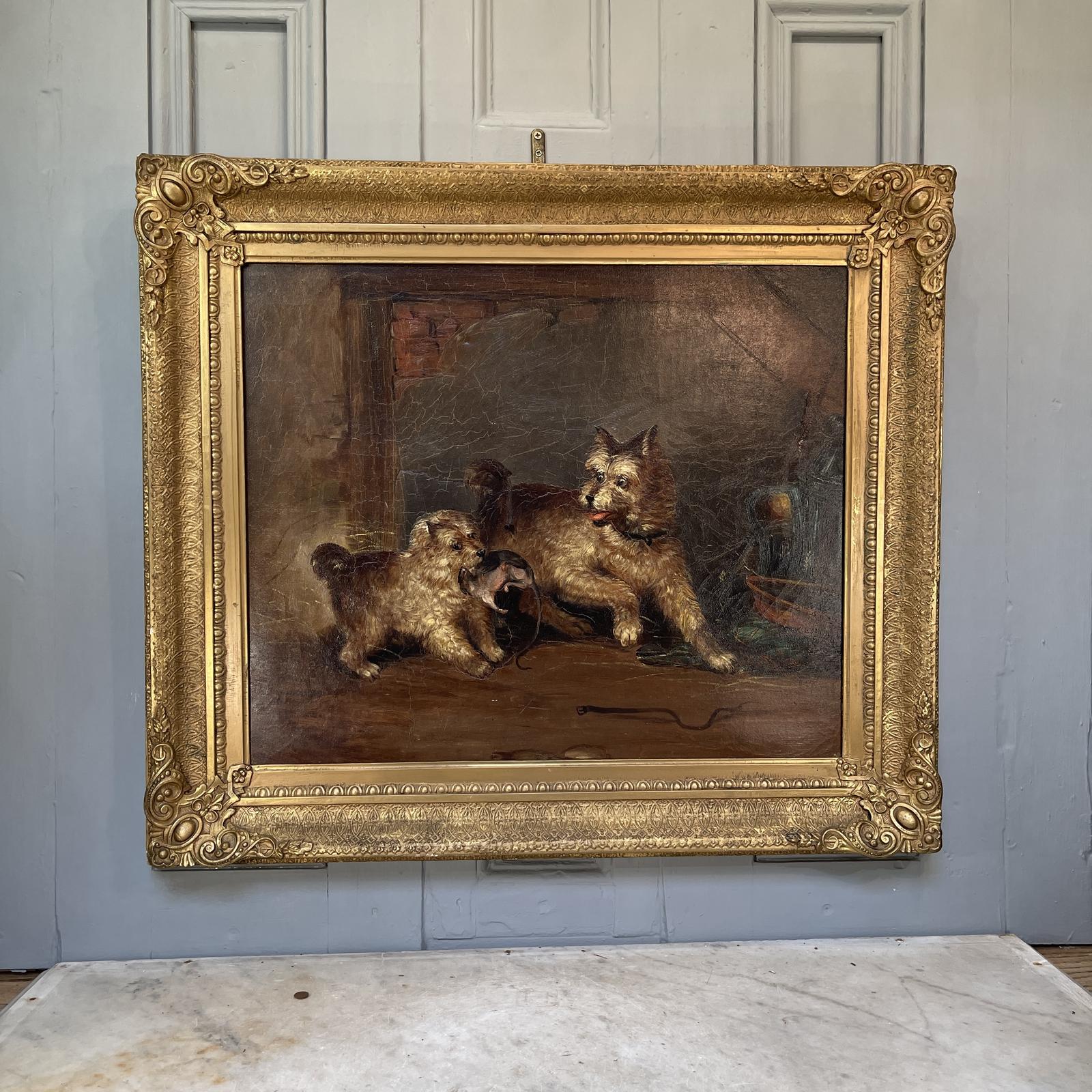 Large Antique Victorian Oil Painting Study of Terrier Dogs Catching a Rat (1 of 2) (1 of 10)