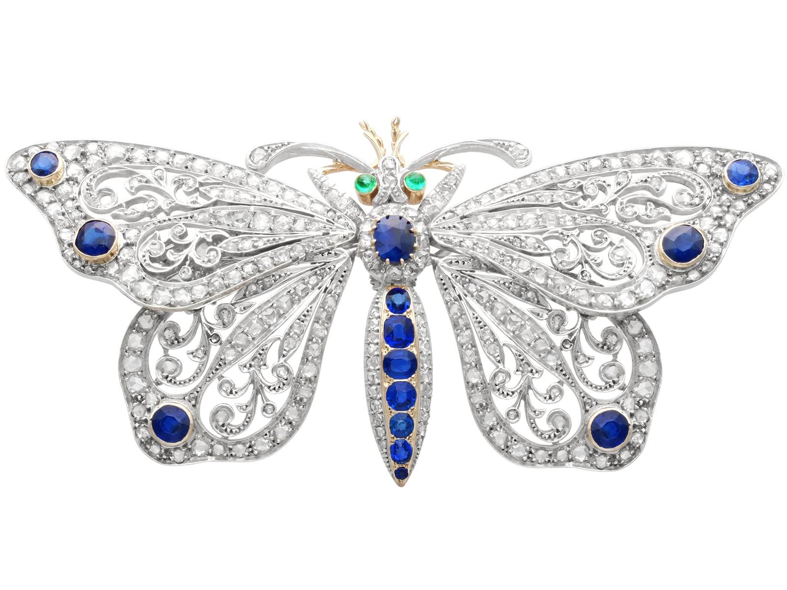 Antique 6.25ct Basaltic Sapphire, 0.24ct Emerald & 7.30ct Diamond, 15k Yellow Gold Butterfly Brooch c.1890 (1 of 13)