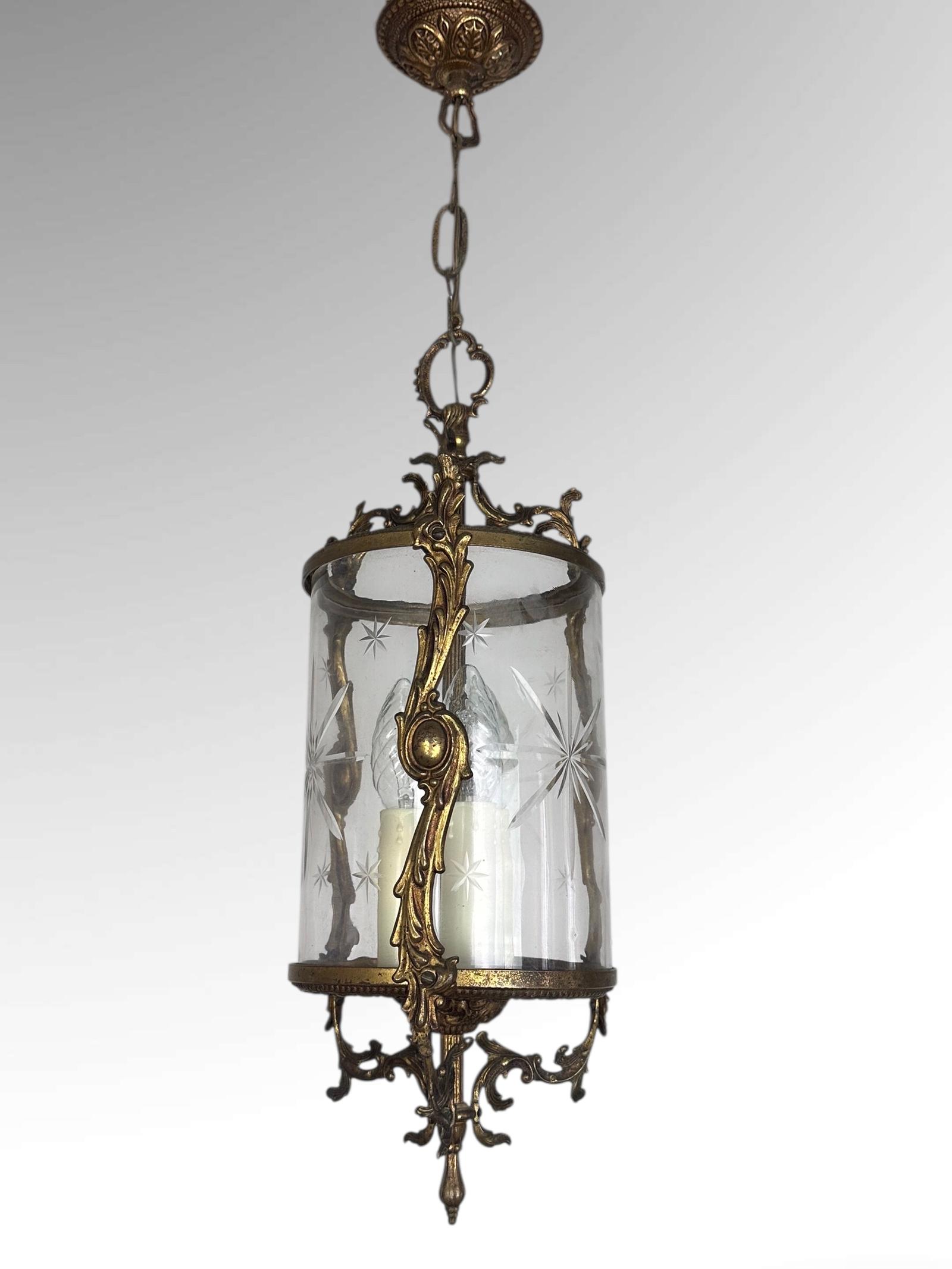 Vintage French Gilt Bronze Hall Lantern with Etched Glass (1 of 10)