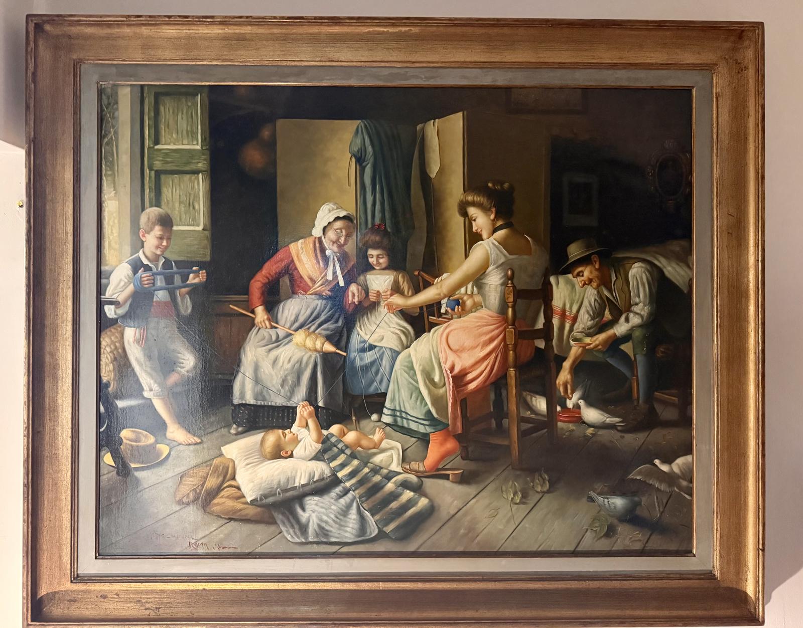 Early 20th Century Italian Genre Oil Painting – The Family Hearth by A. S. Checchini (Roma, 1911) (1 of 9) Early 20th Century Italian Genre Oil Painting – The Family Hearth by A. S. Checchini (Roma, 1911) (1 of 9)