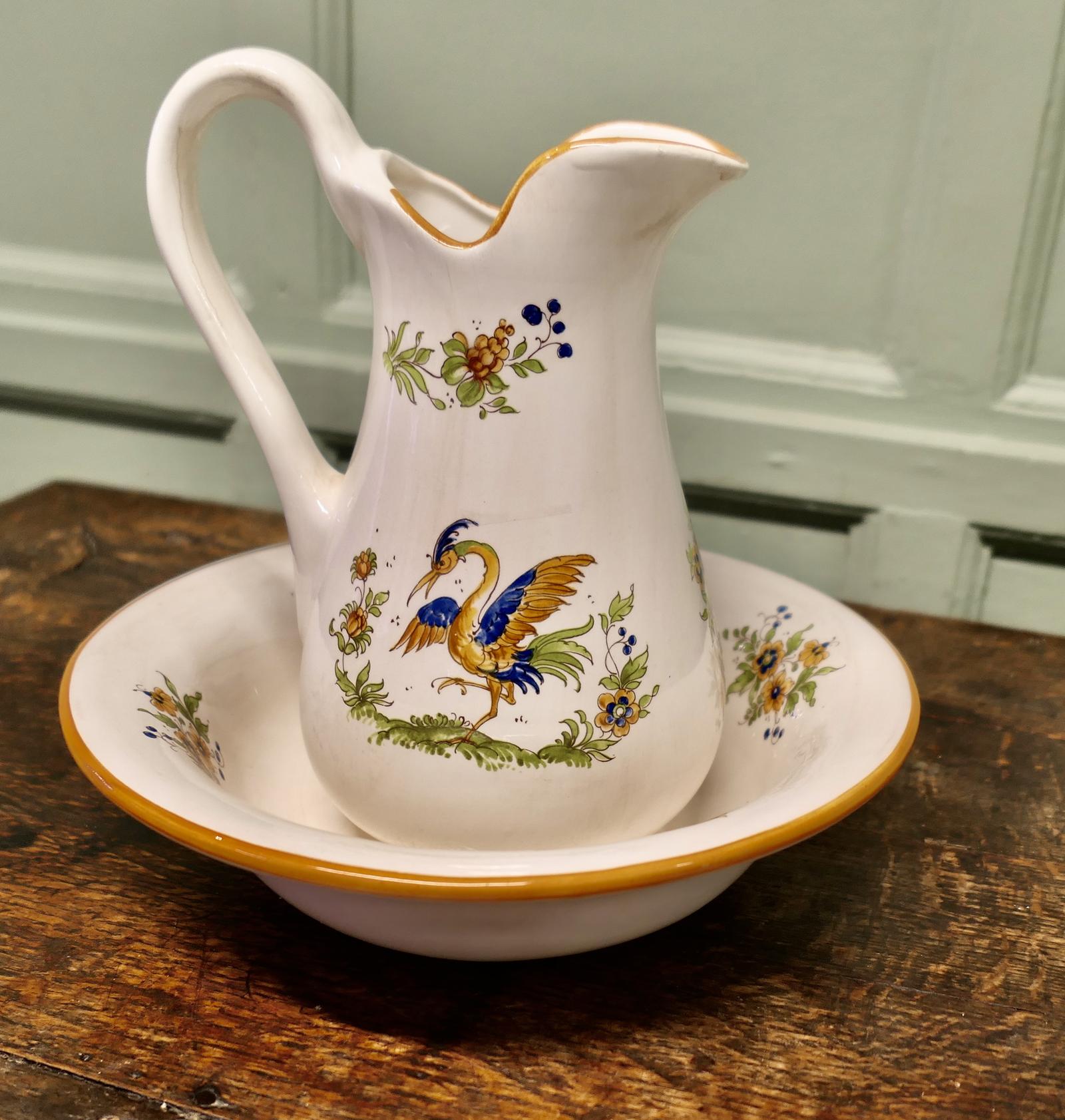 Faience Pitcher & Bowl Hand Painted, Secretary Bird (1 of 6)