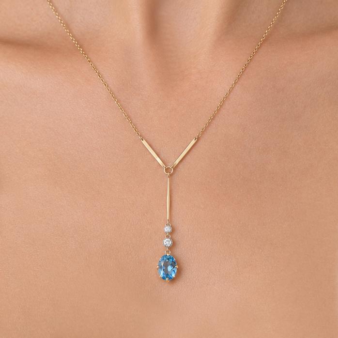 Edwardian 15ct Gold Blue Topaz & Old Cut Diamond Lavalier Necklace – Antique Circa 1910 (1 of 9) Edwardian 15ct Gold Blue Topaz & Old Cut Diamond Lavalier Necklace – Antique Circa 1910 (1 of 9)