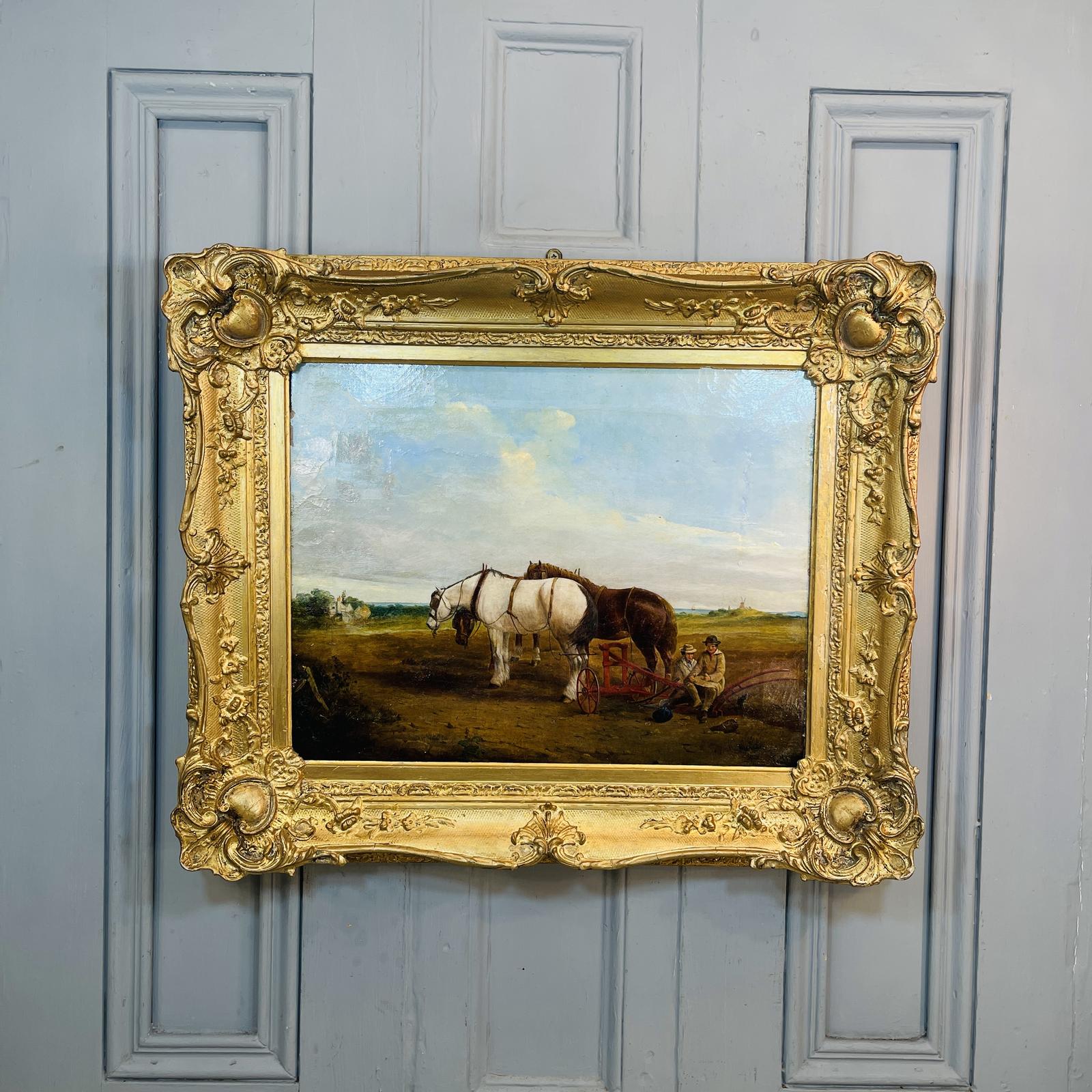 Antique Oil Painting Landscape Study of Horses in Harness with Plough (1 of 12)