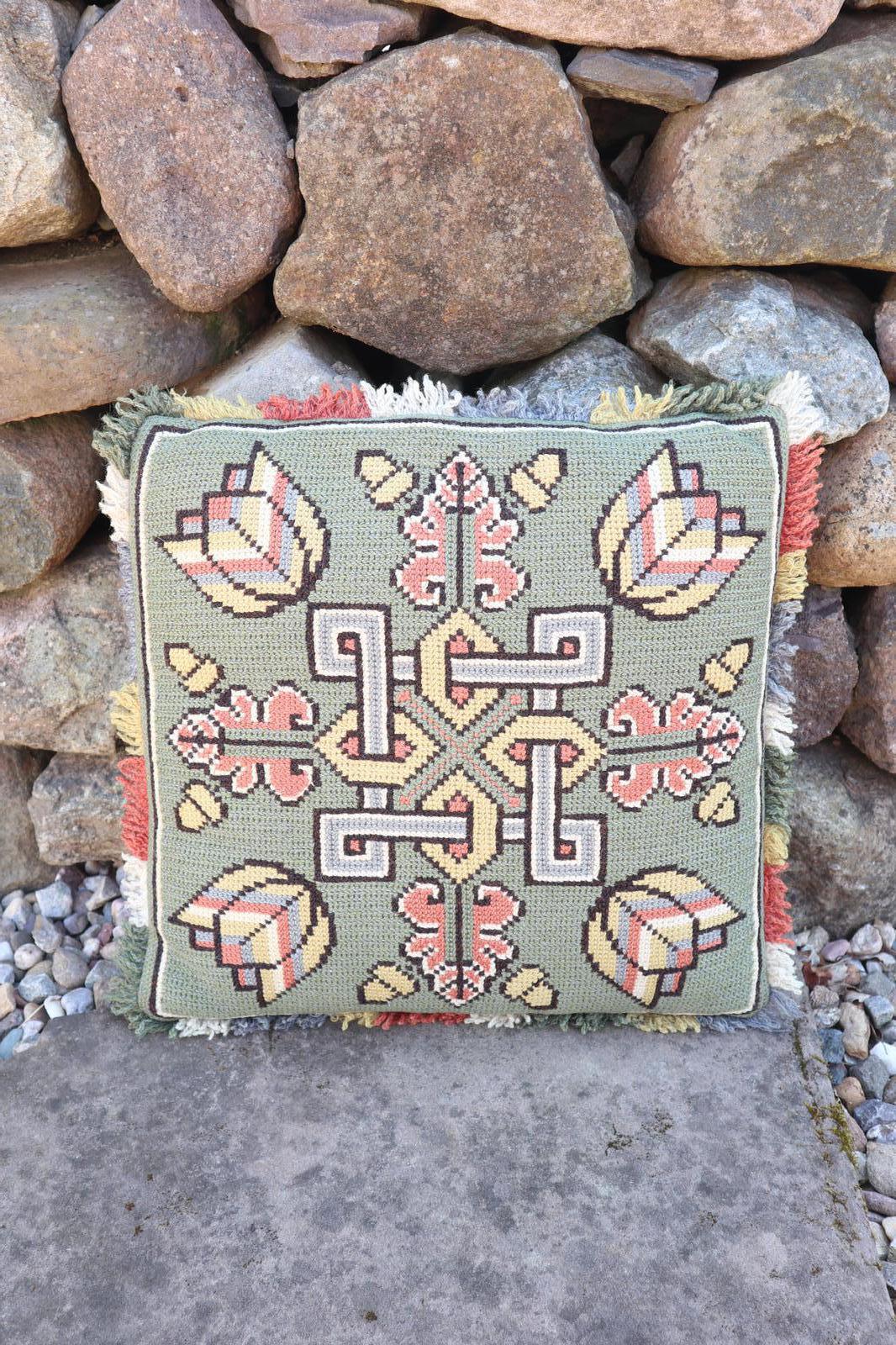 Scandinavian / Swedish 'Folk Art' Green Geometric Pattern Cushion, Skåne Region, c.1930 (1 of 14)
