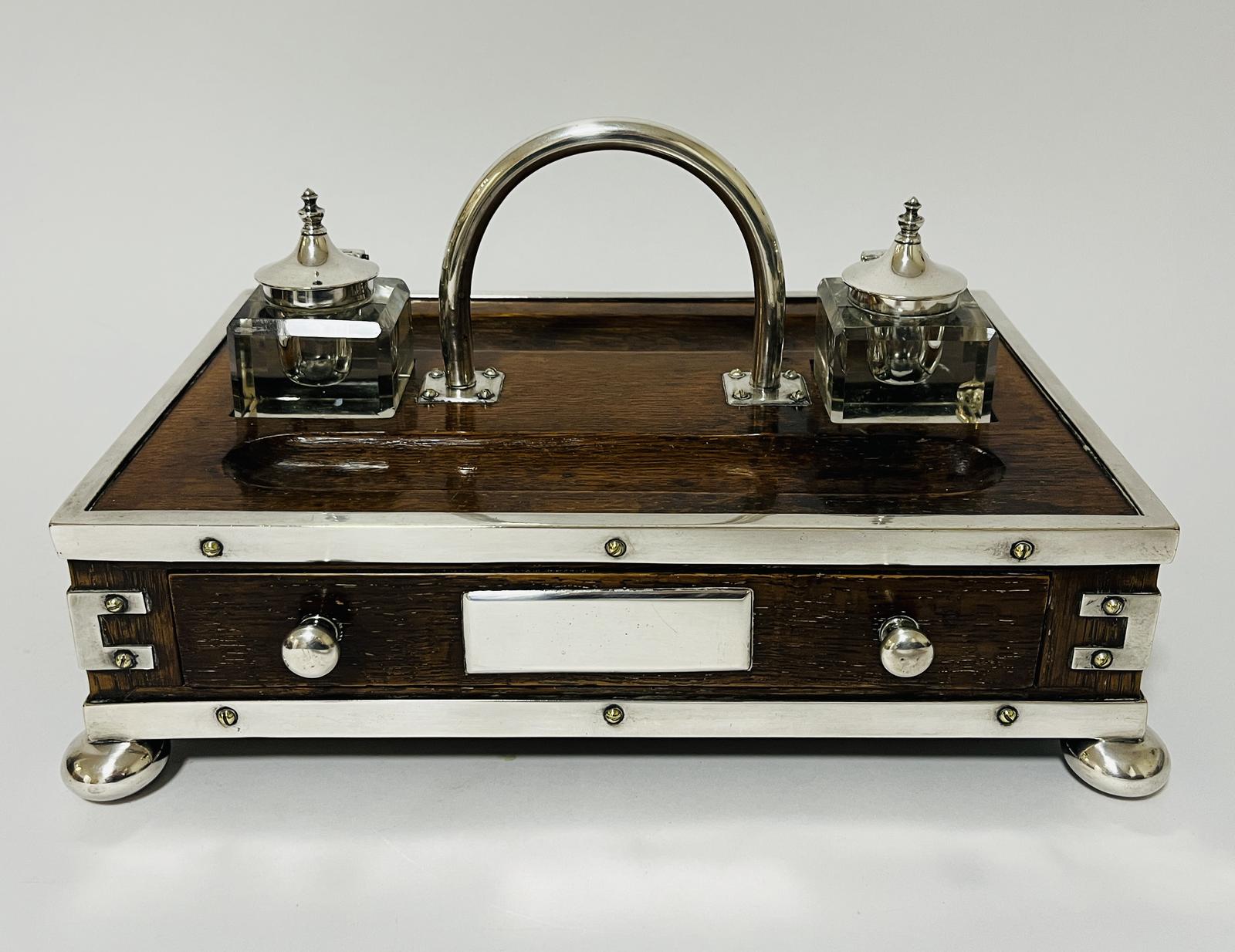 Victorian Oak and Silver Plate Mounted Desk Inkstand (1 of 14)