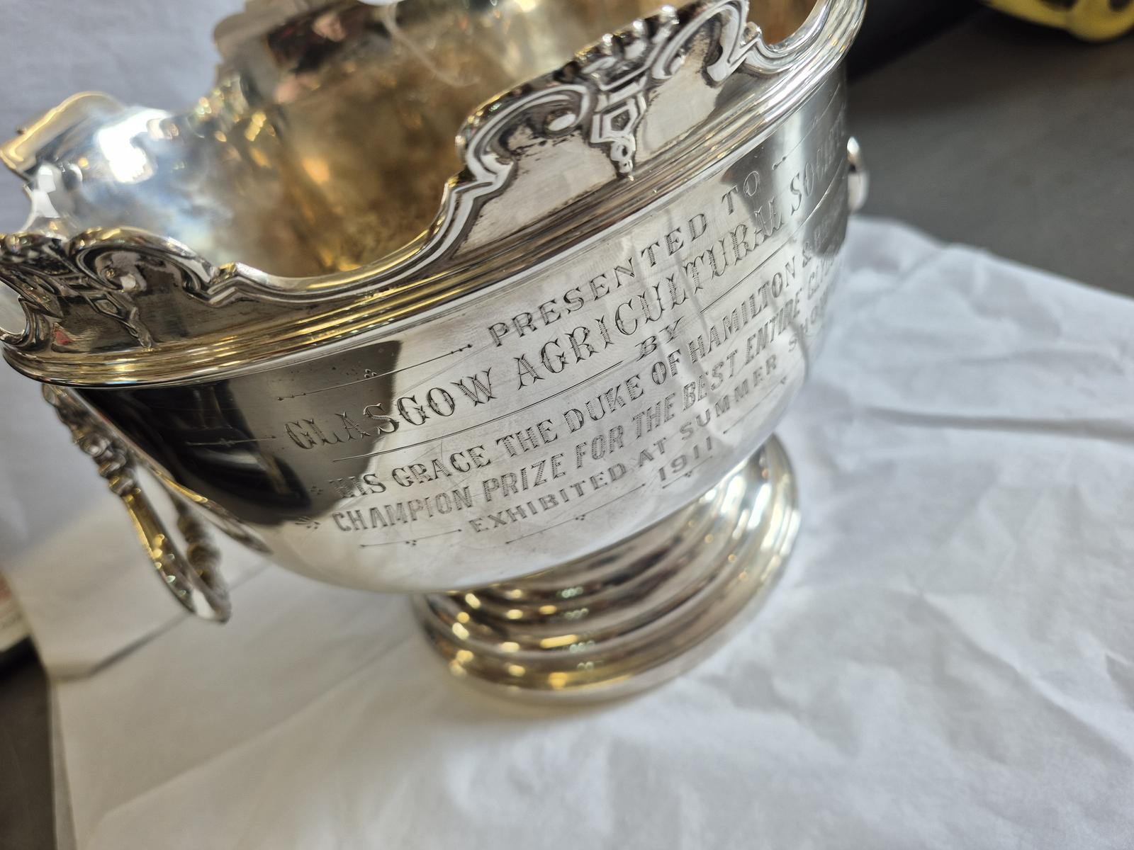 Heavy Silver Inscribed Bowl With Decorative Lion Handels (1 of 6)