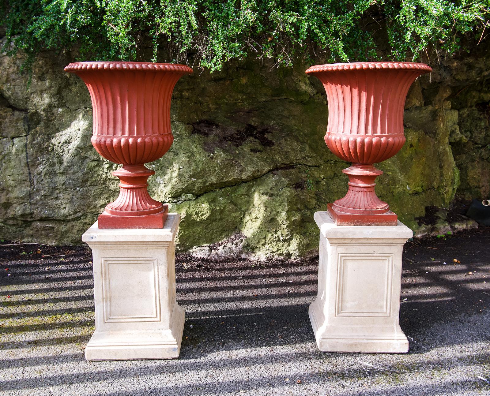 Pair Of Antique Cast Iron Urns On Stone Bases (1 of 7)