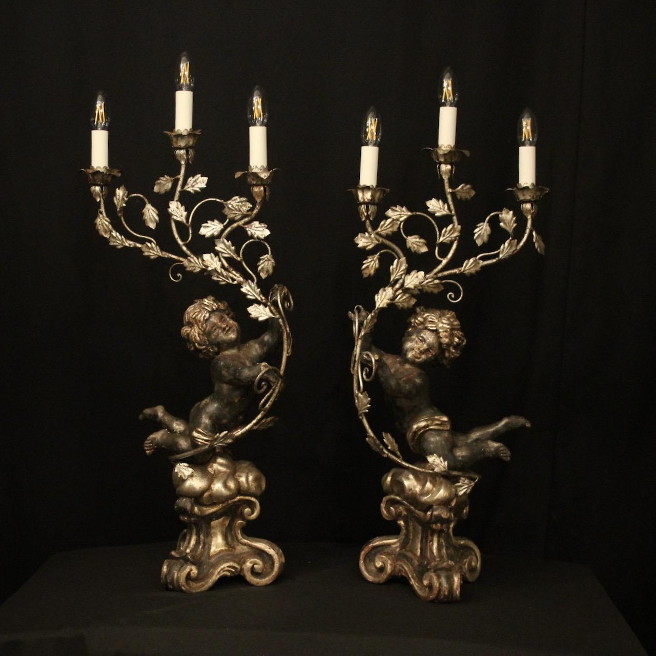 French Pair of Silver Giltwood Cherub Candelabra (1 of 10) French Pair of Silver Giltwood Cherub Candelabra (1 of 10)