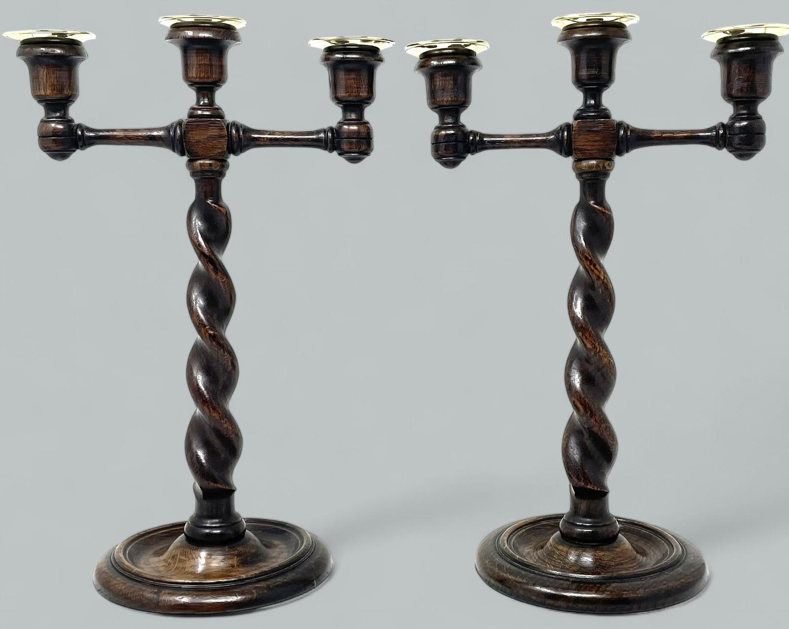 Antique Pair of English Victorian Wooden Barley Twist Candlesticks / Candelabra (1 of 7)