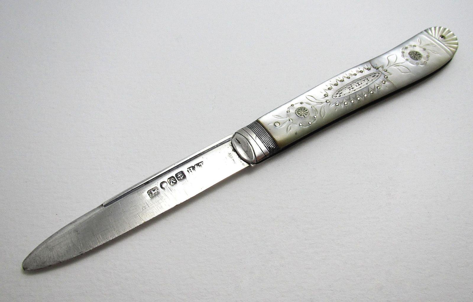 Ornate Antique Victorian Sterling Silver & Mother of Pearl Folding Fruit Knife, Hilliard & Thomason (1 of 6) Ornate Antique Victorian Sterling Silver & Mother of Pearl Folding Fruit Knife, Hilliard & Thomason (1 of 6)