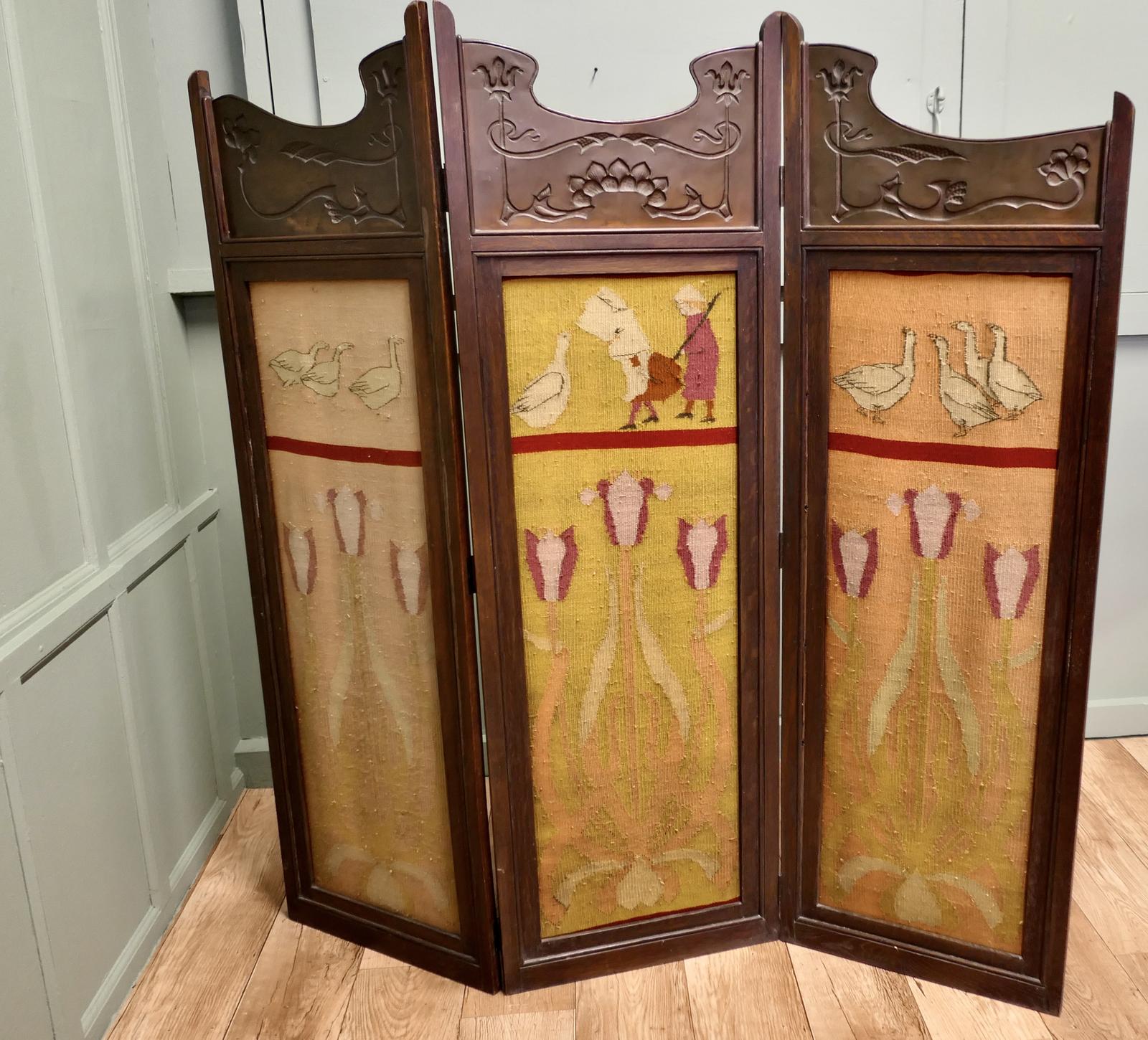 Art Nouveau Copper & Oak 3 Fold Screen Naive Wool Panels (1 of 7) Art Nouveau Copper & Oak 3 Fold Screen Naive Wool Panels (1 of 7)