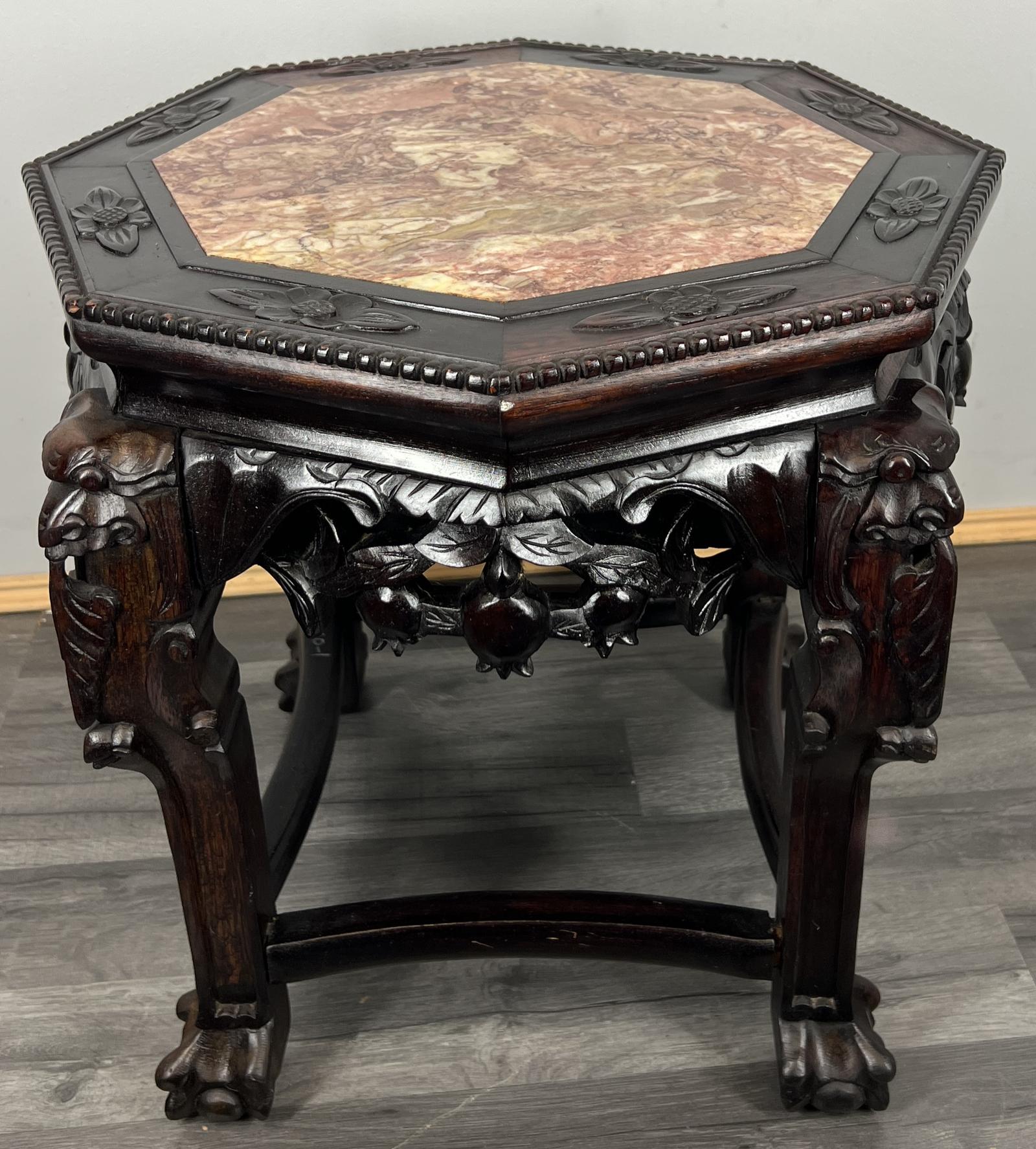 Plant Stand Antique Carved Mahogany Table Chinesee Marble Top (1 of 11)