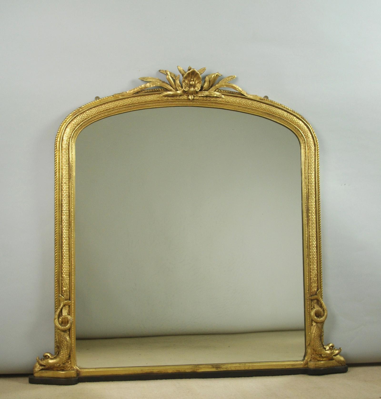Victorian Gilt Arch Top Overmantle Mirror with Mythical Fish Dolphin Decoration (1 of 9)
