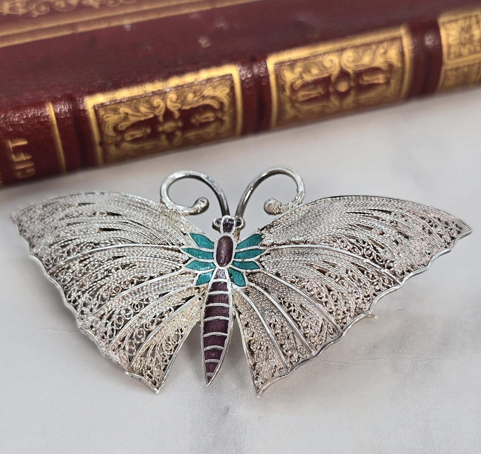 A Continental Silver Filigree and Enamel Butterfly Brooch (1 of 11)