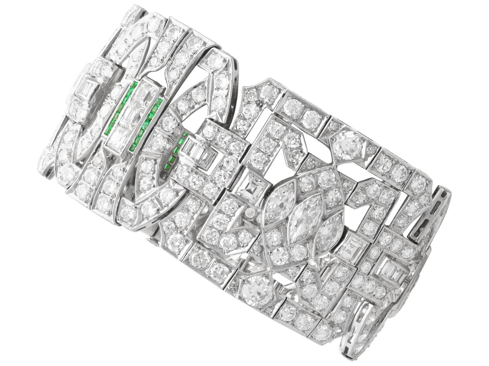 Art Deco 33.25ct Diamond & 0.30ct Emerald Platinum Bracelet c.1930 (1 of 23)