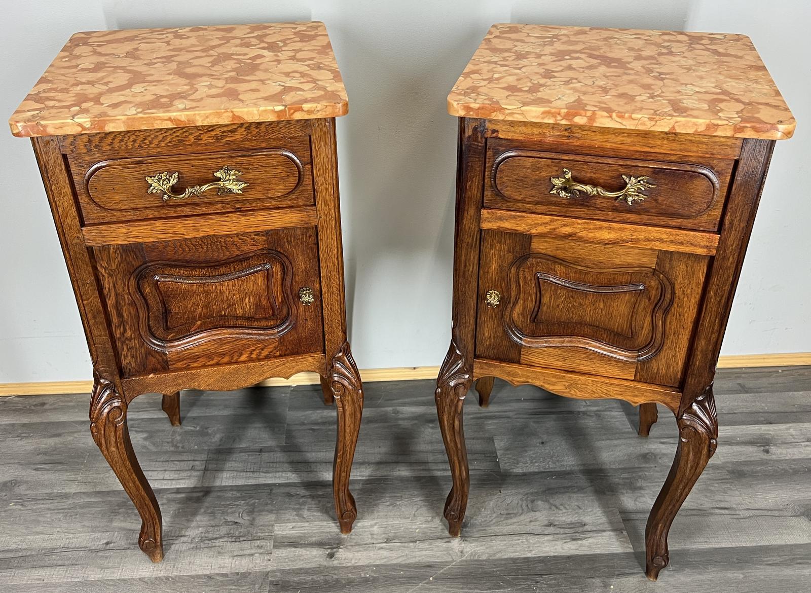 Pair of Bedside Tables Antique French Carved Oak Marble Tops Cabinets (1 of 13)