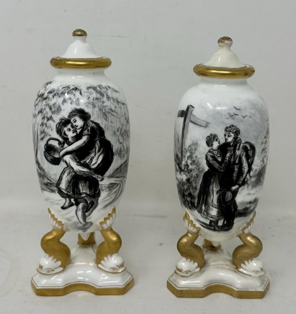 Antique Pair French Gilt Porcelain Vases or Urns en Grisaille Lover Scenes 19th Century (1 of 9)