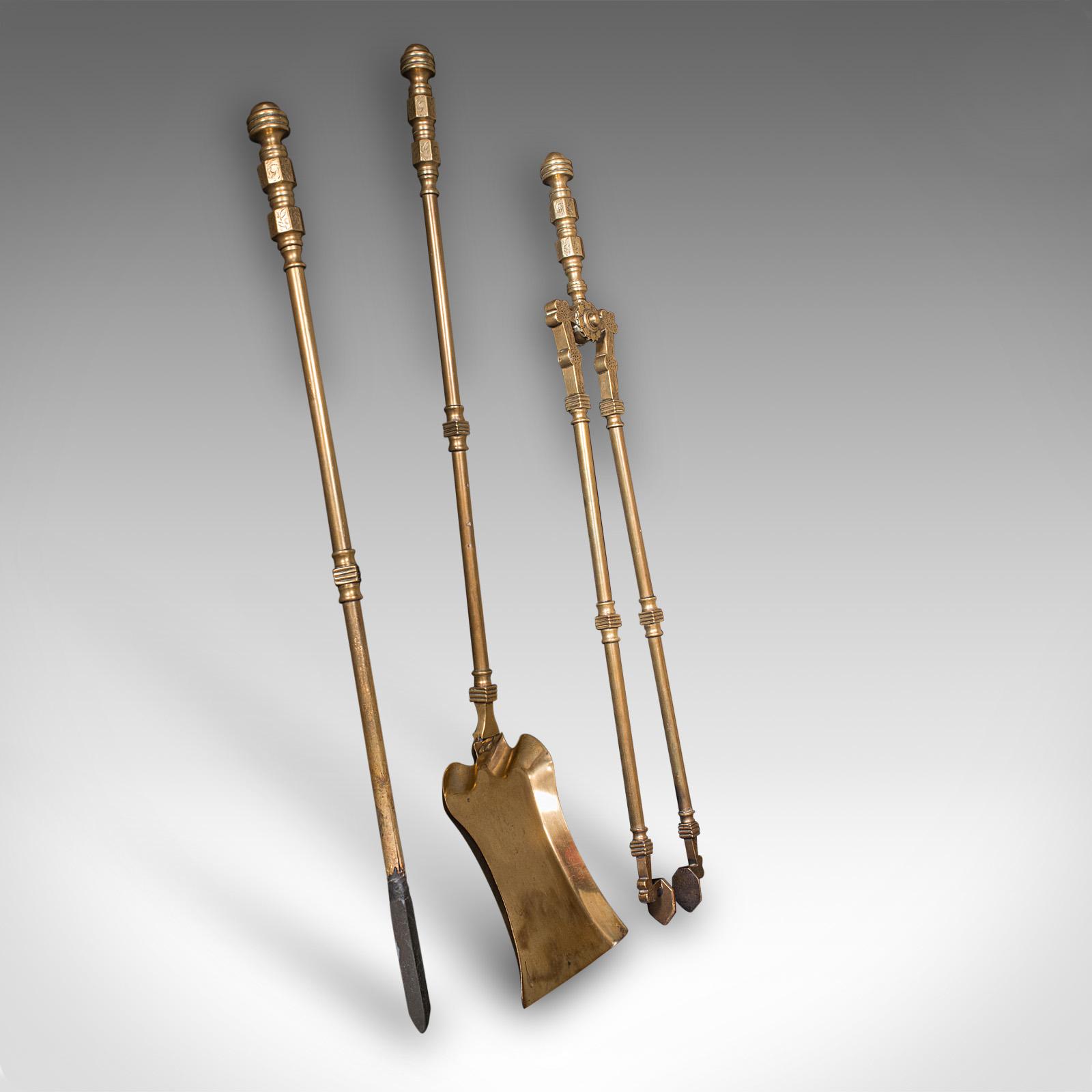 Antique Fire Tool Set, English, Brass, Shovel, Tongs, Poker, Victorian, C.1870 (1 of 12)