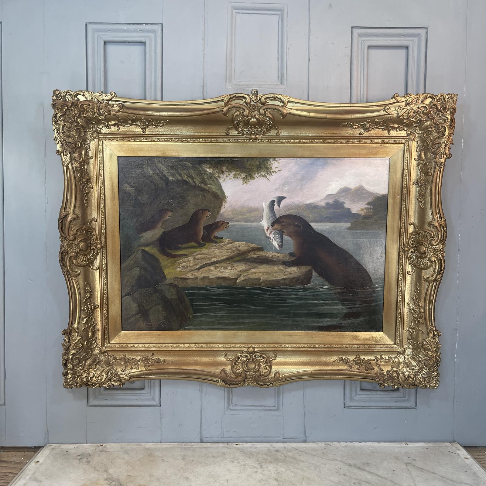 Large Antique River Landscape Oil Painting of Otters Fishing for Salmon Signed A Roland Knight (2 of 2) (1 of 10)