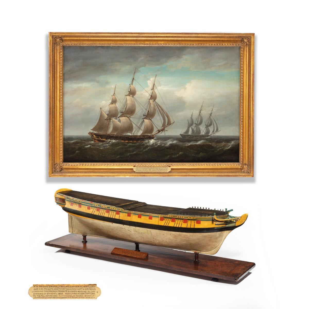 Carved & painted model of HMS Emerald, 1811 and ‘HMS Emerald & HMS Amethyst’ by Pocock (1 of 17)