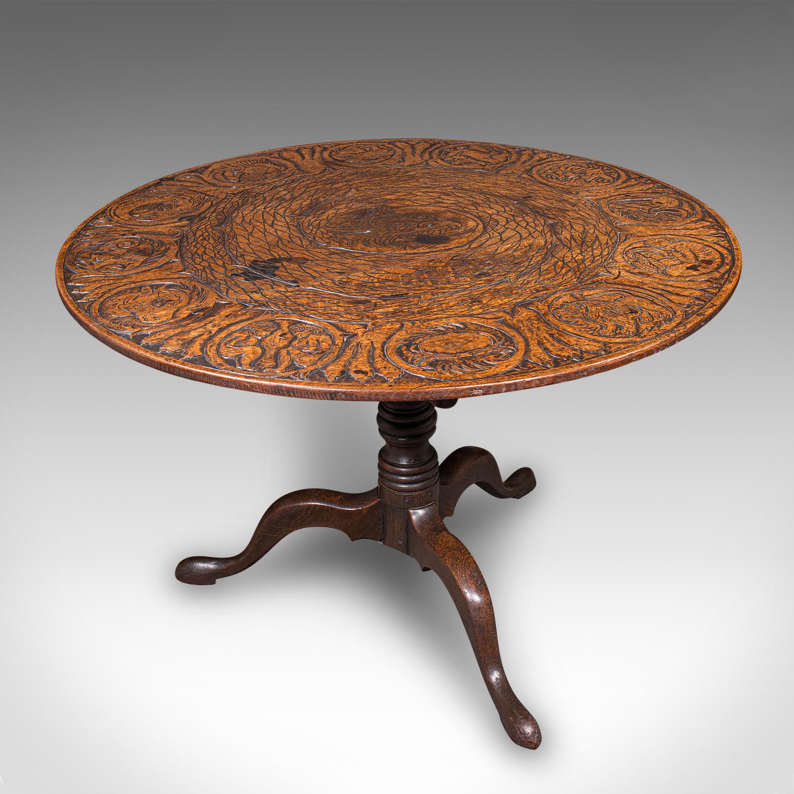 Antique Tarot Parlour Table, English, Oak, Zodiac Carving - Victorian c.1870 (1 of 12)