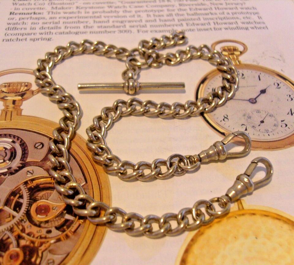 Victorian Pocket Watch Chain 1890s Antique Silver Nickel Double Albert & T Bar (1 of 11)