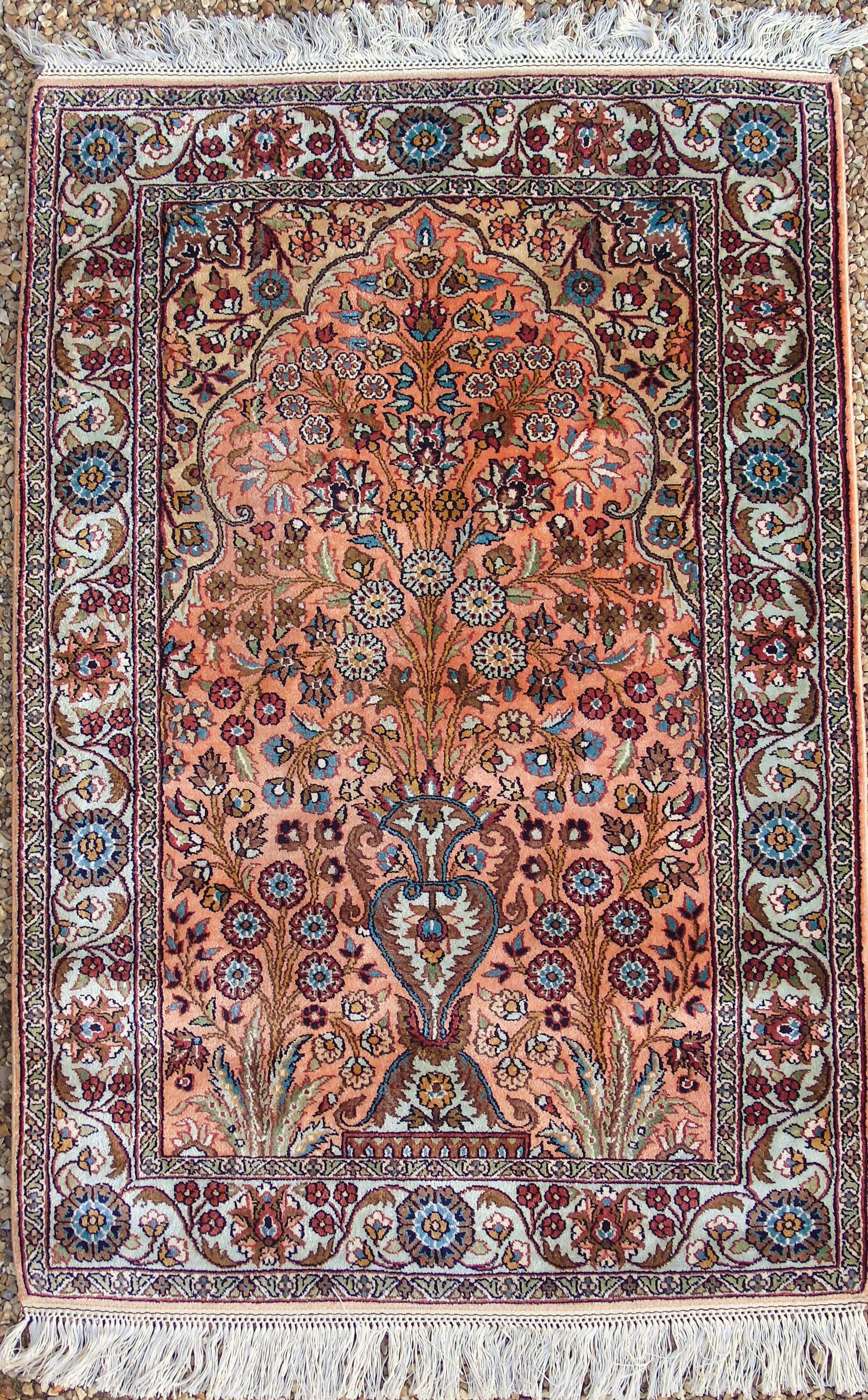 Fine Kashmir Silk Prayer Rug / Carpet (1 of 10) Fine Kashmir Silk Prayer Rug / Carpet (1 of 10)