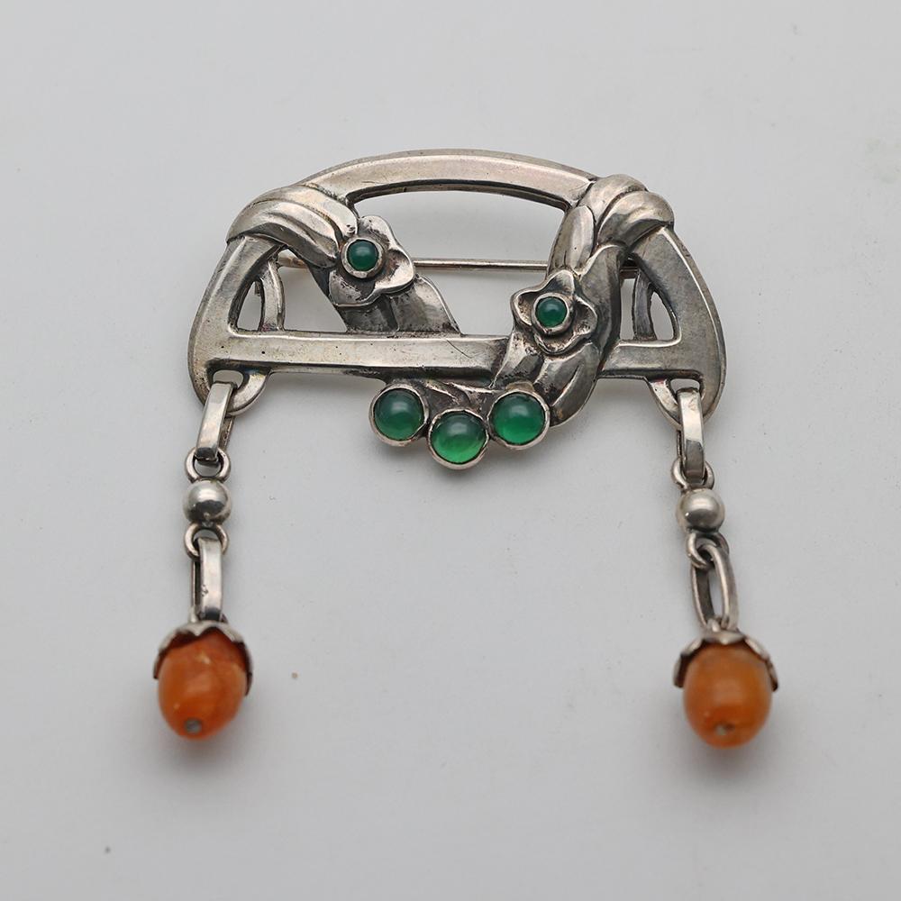 Very Rare Georg Jensen Brooch with Amber and Chrysoprase (1 of 4)