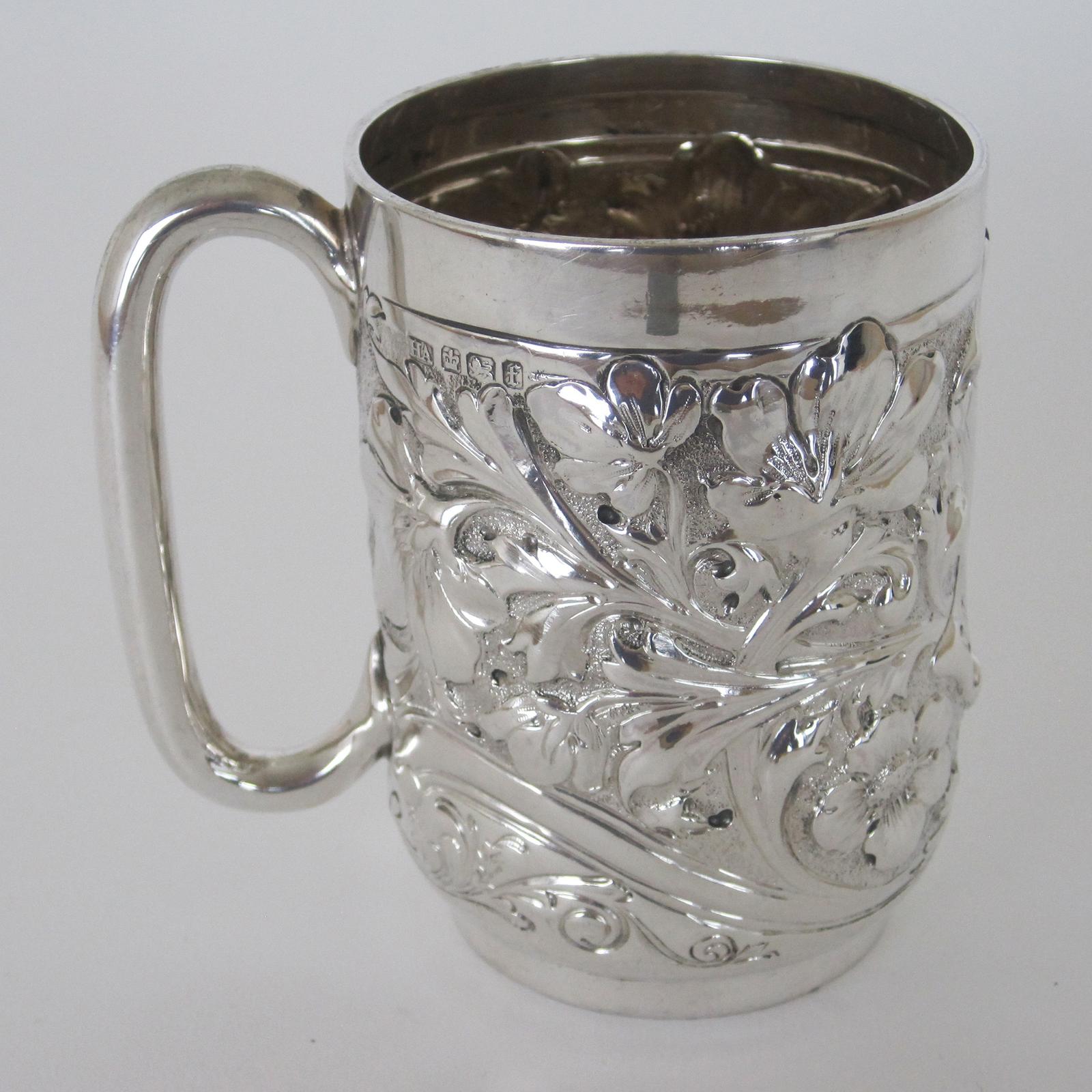 Late Victorian Silver Christening Mug Heavily Chased with Flowers and Scrolls (1 of 5) Late Victorian Silver Christening Mug Heavily Chased with Flowers and Scrolls (1 of 5)