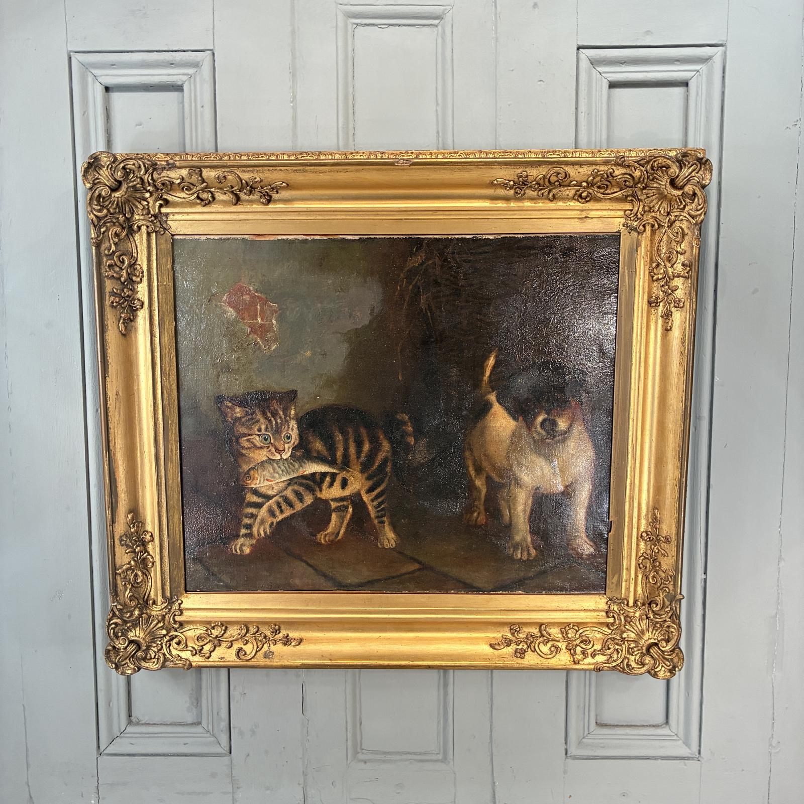 Large Oil Painting Portrait of Terrier Puppy & Kitten with Fish (1 of 13) Large Oil Painting Portrait of Terrier Puppy & Kitten with Fish (1 of 13)