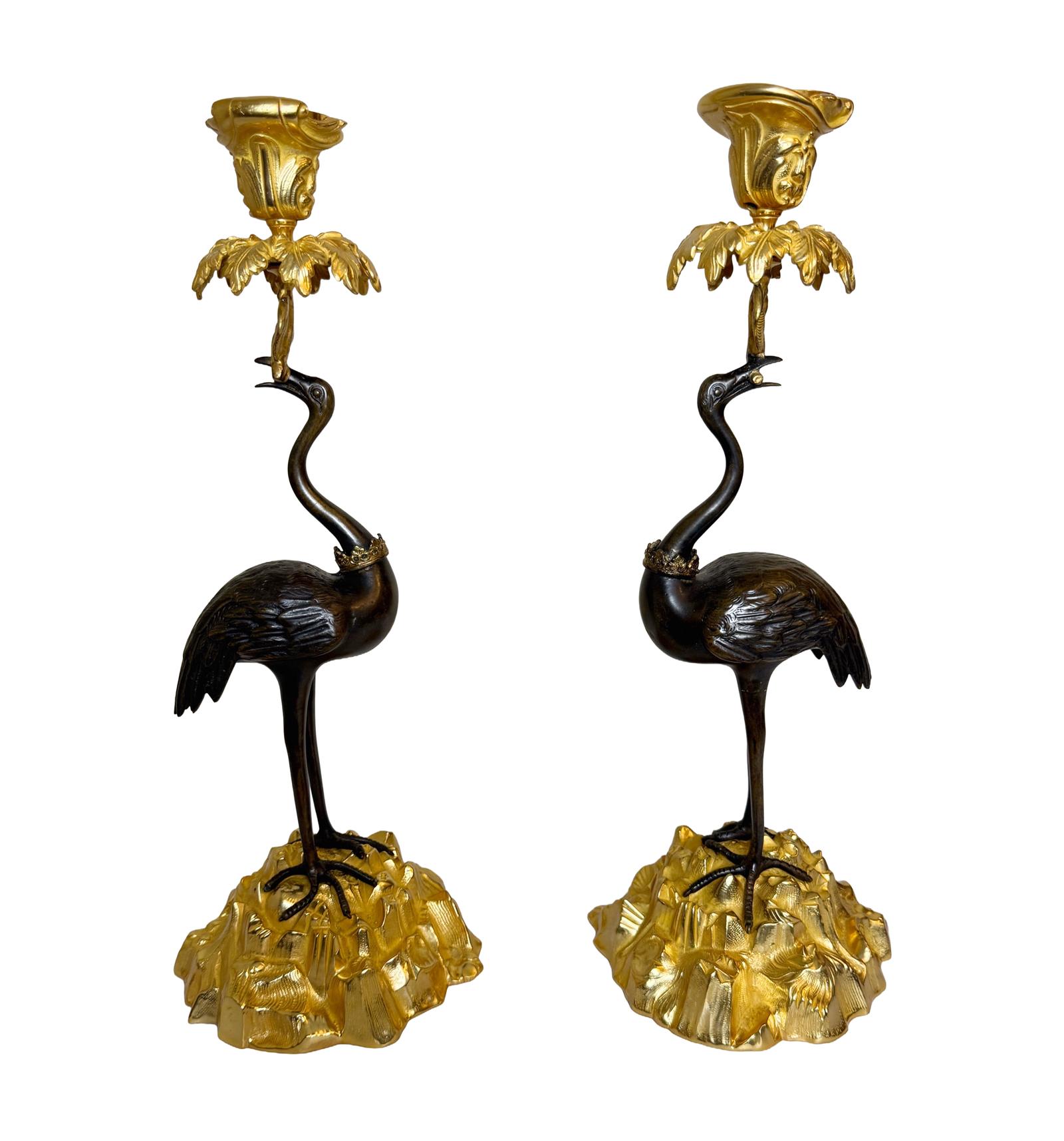 Late 19th Century Pair of Gilt Bronze Candle Sticks with a Flamingo Motif (1 of 7) Late 19th Century Pair of Gilt Bronze Candle Sticks with a Flamingo Motif (1 of 7)