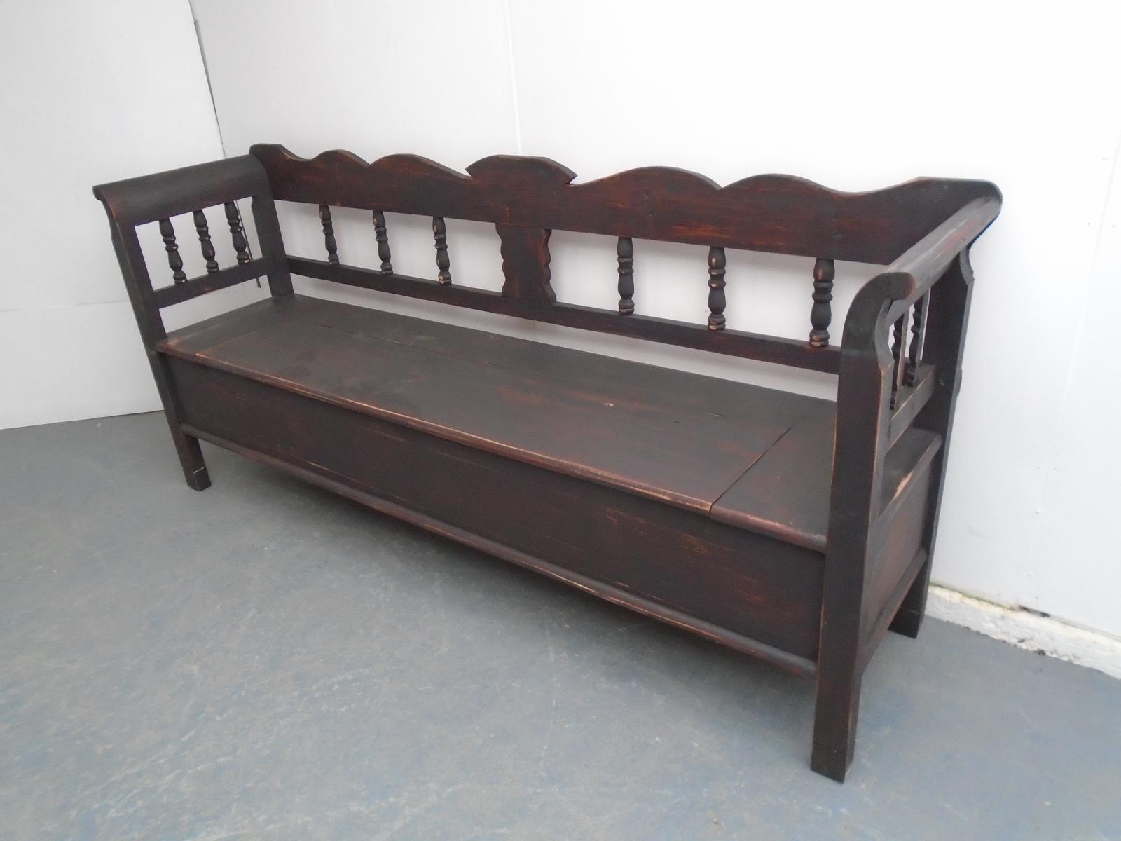Black & Red Columned Antique Pine 3 to 4 Seater Box Settle / Bench (1 of 9)