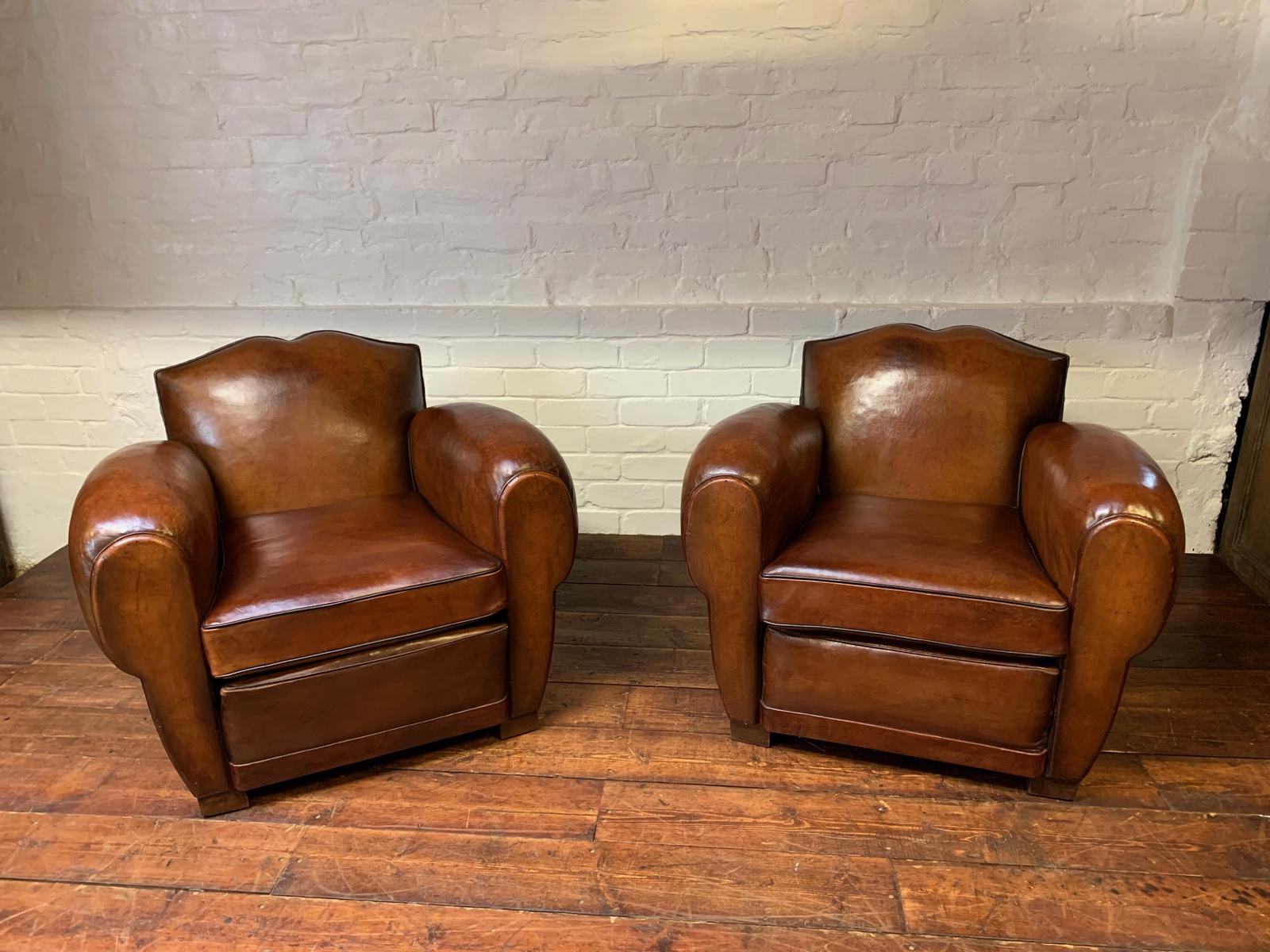 An Outstanding Pair of French Leather Club Chairs, Havana Moustache Models Circa 1940 (1 of 13)
