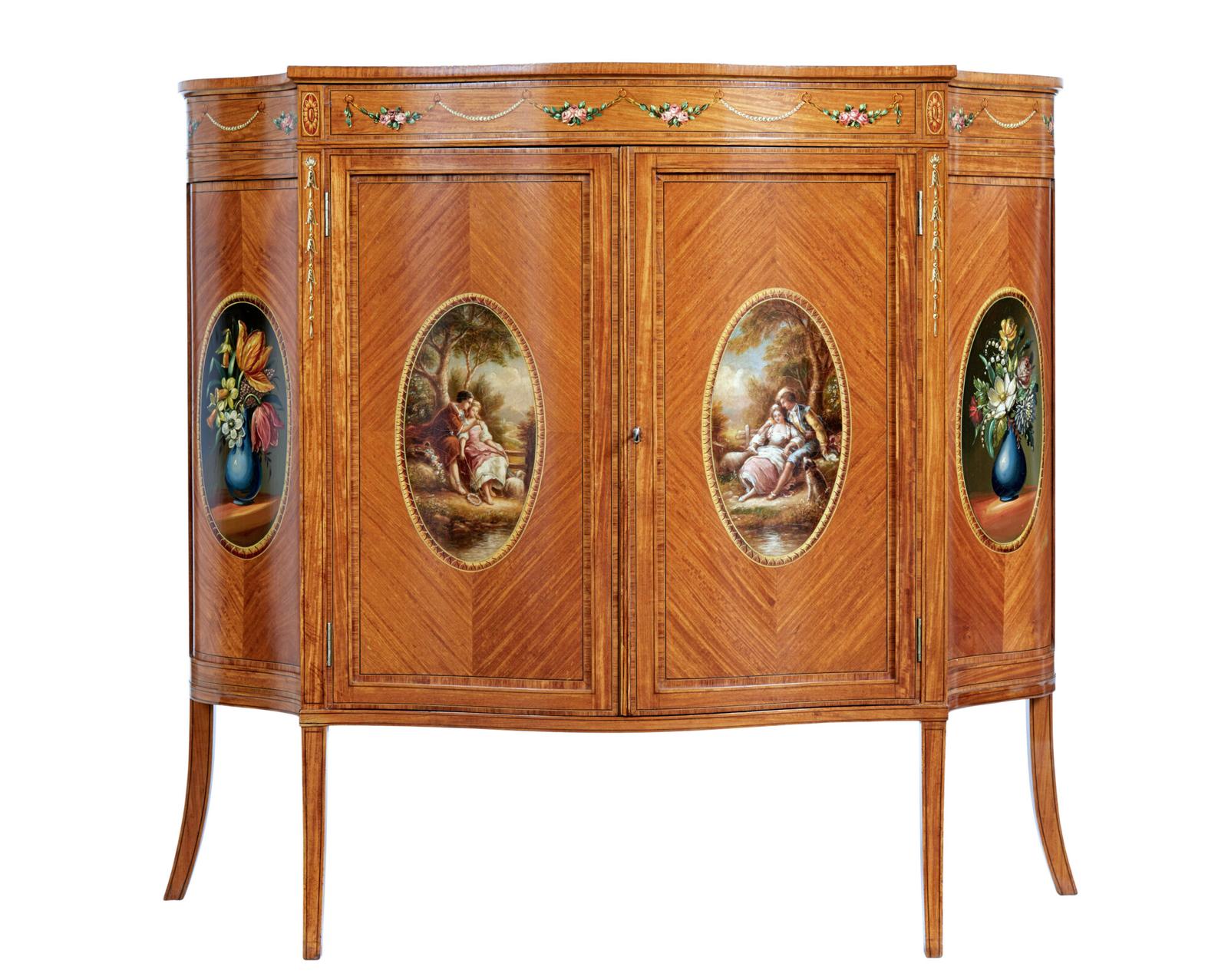 19th Century Sheraton Revival Satinwood Inlaid & Painted Cabinet (1 of 12)