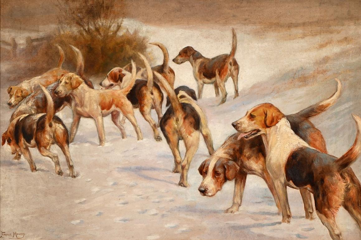 Painting- Antique Oil Painting of Hunting Hounds in Winter Countryside Landscape 19th Century Artist (1 of 2)