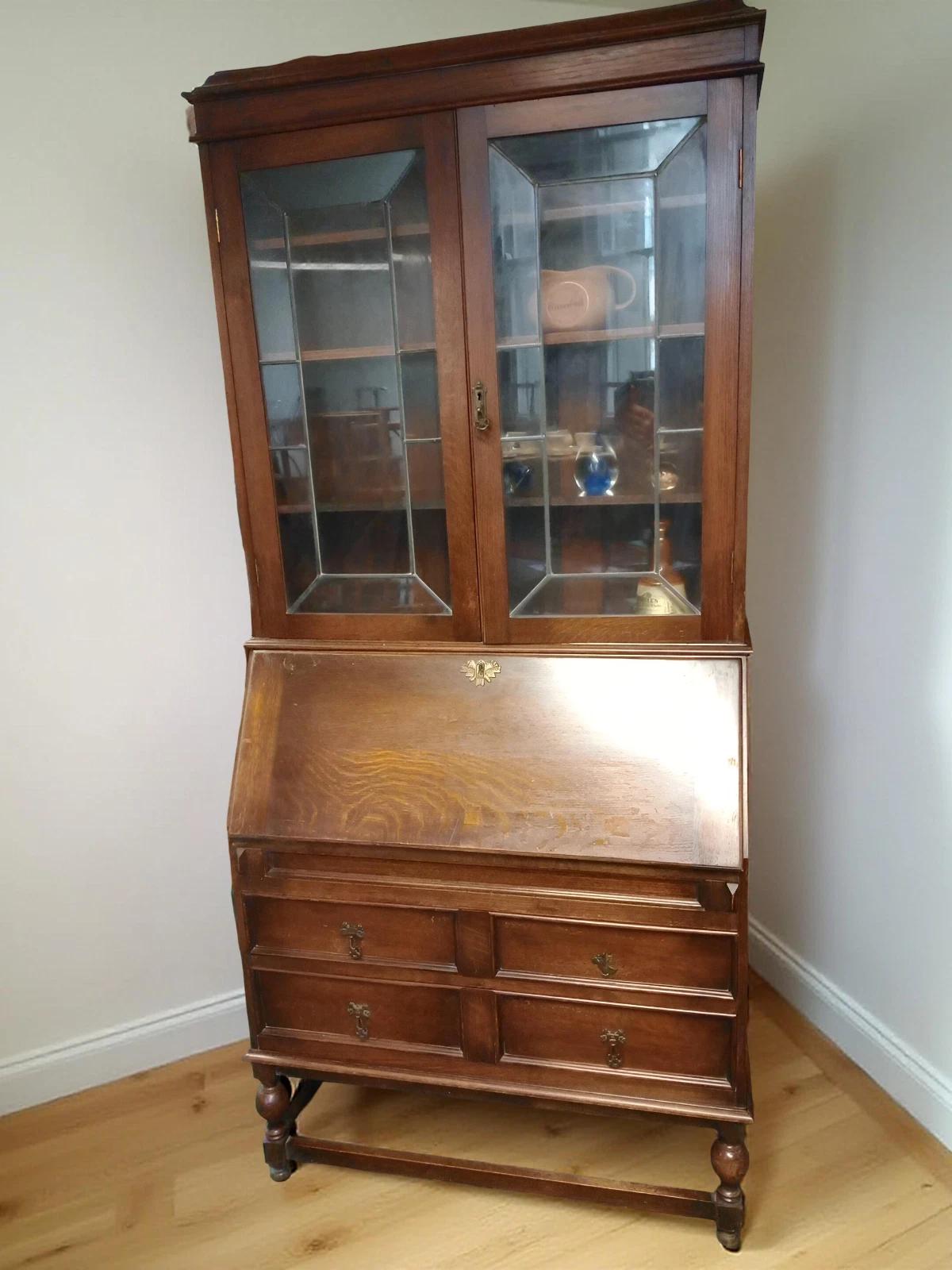 Oak Bureau Book Case with Leaded Glass Doors c.1930 (1 of 4)