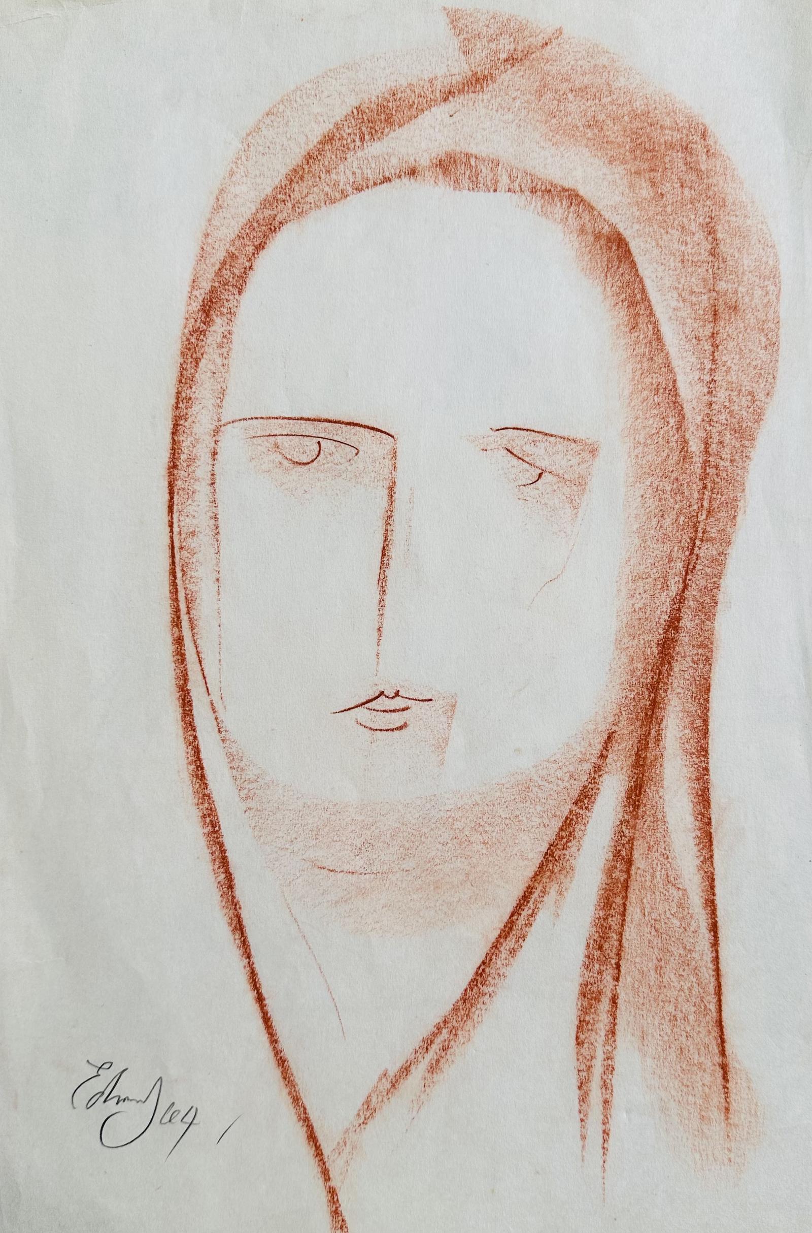 Original Red Chalks Drawing 'Head of a Girl' Signed But Unidentified (1 of 2)