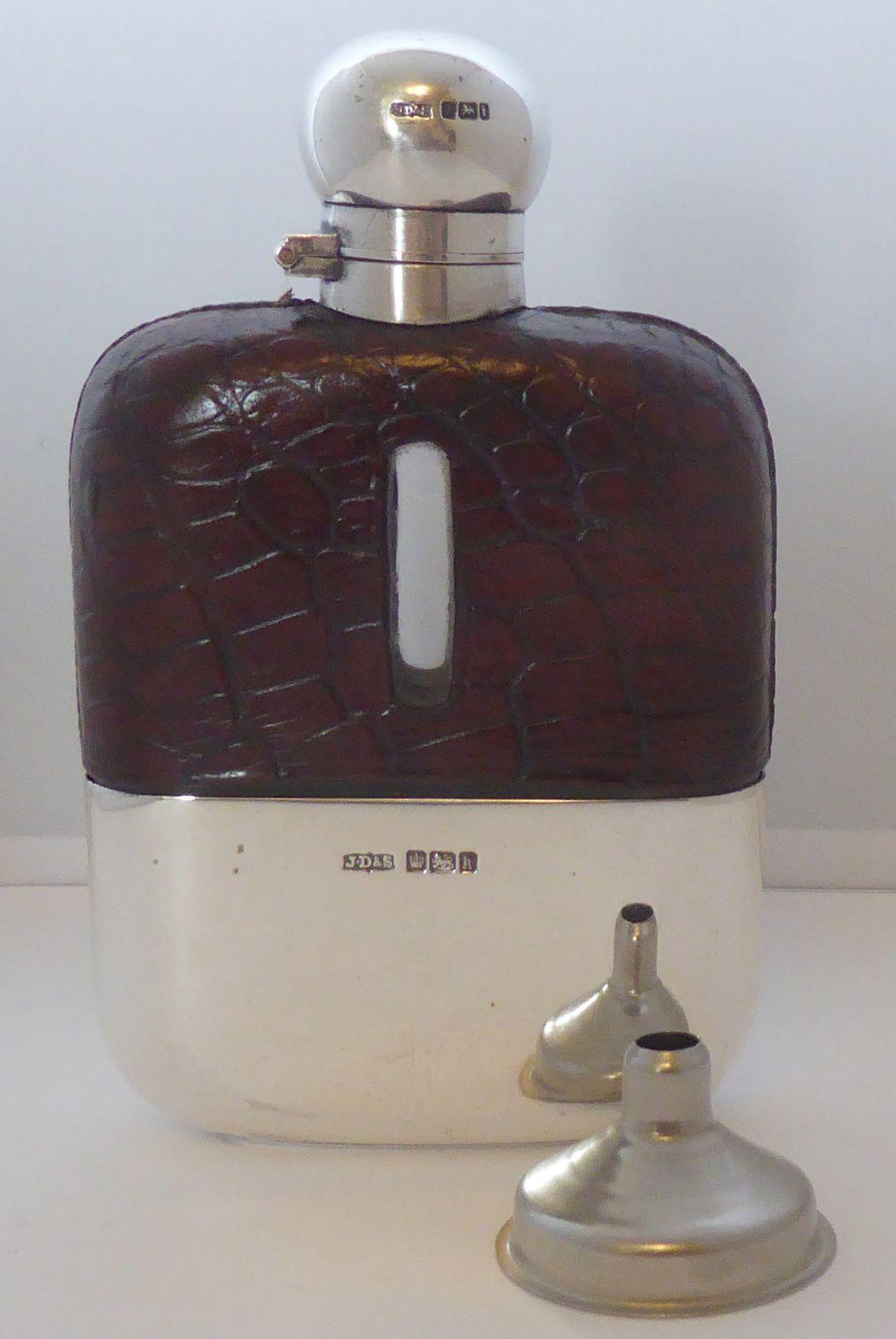 1902 Hallmarked Solid Silver Crocodile Skin Bound Glass Hip Flask James Dixon (1 of 15)