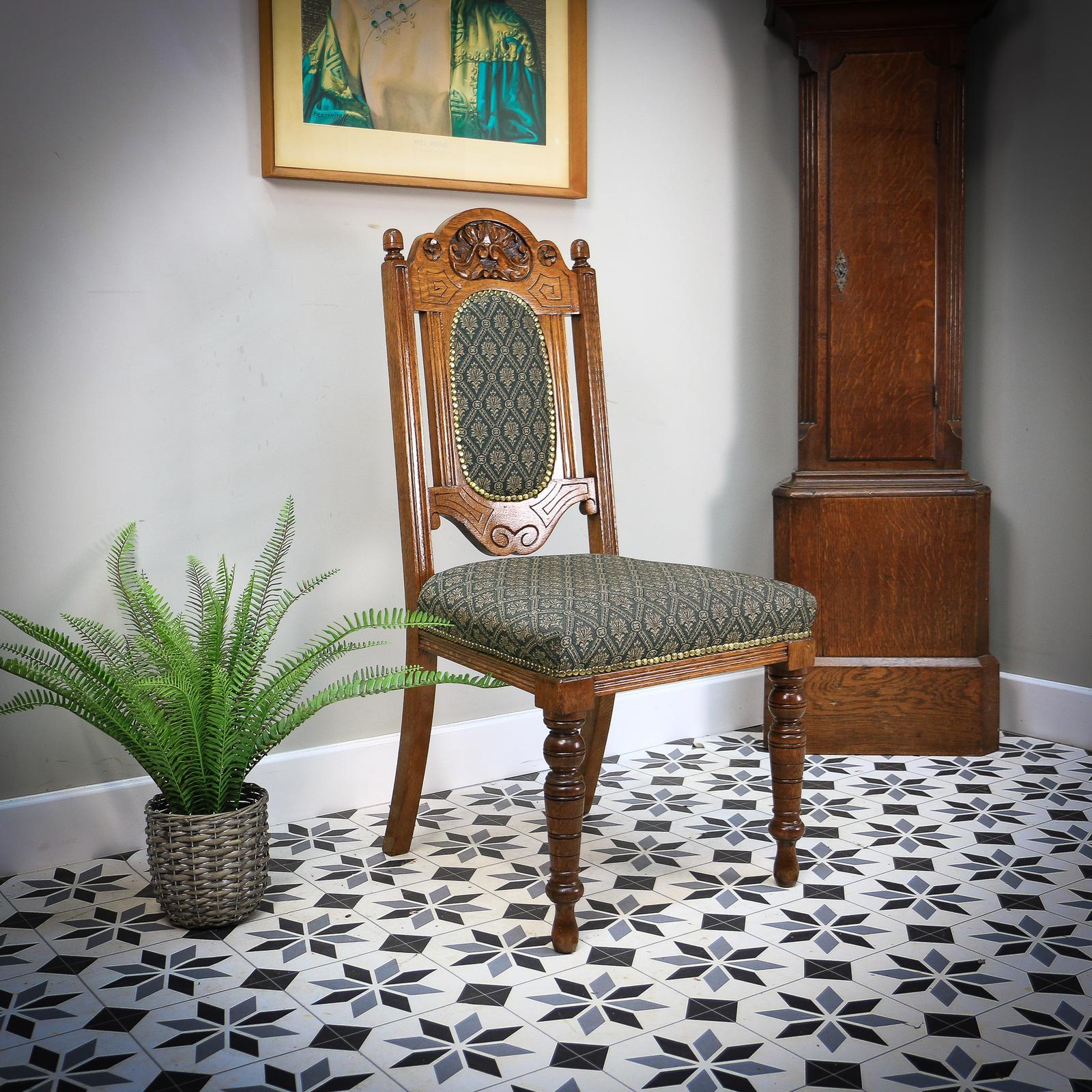 Victorian Side or Hall Chair Carved Back in Solid Oak with Green and Gold Fabric (1 of 15) Victorian Side or Hall Chair Carved Back in Solid Oak with Green and Gold Fabric (1 of 15)