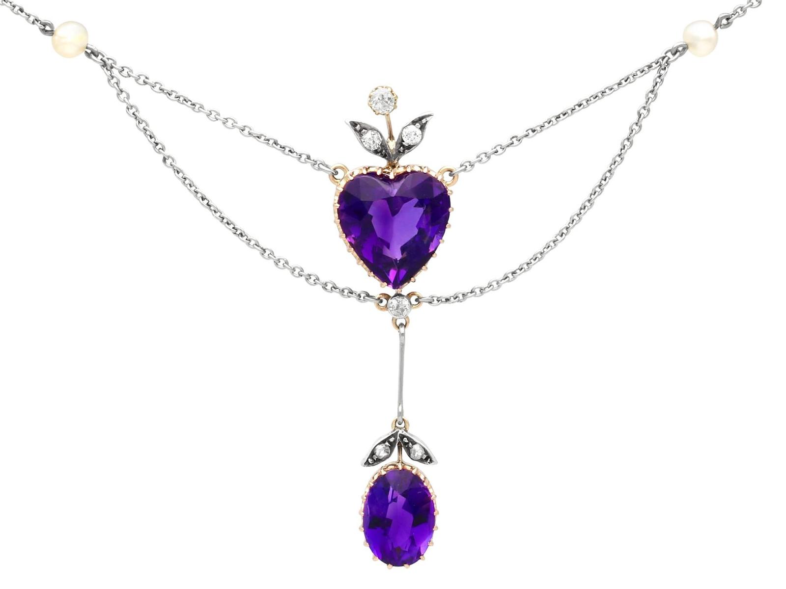 Antique 9.10ct Amethyst Pearl & 0.20ct Diamond 14ct Yellow Gold Necklace (1 of 9)