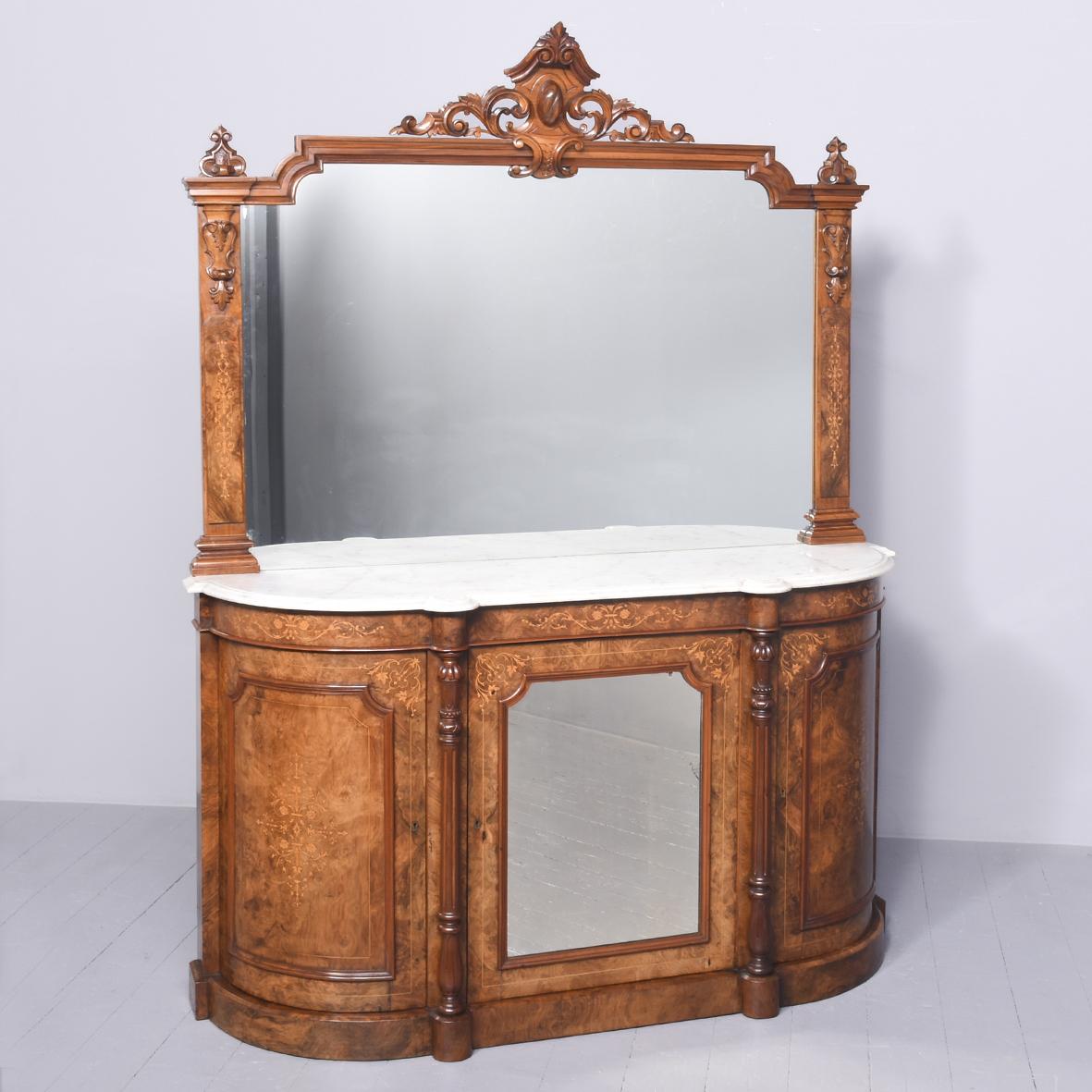 Marquetry Inlaid Marble-top Mirror-back Victorian Figured Walnut Sideboard/Credenza (1 of 13)