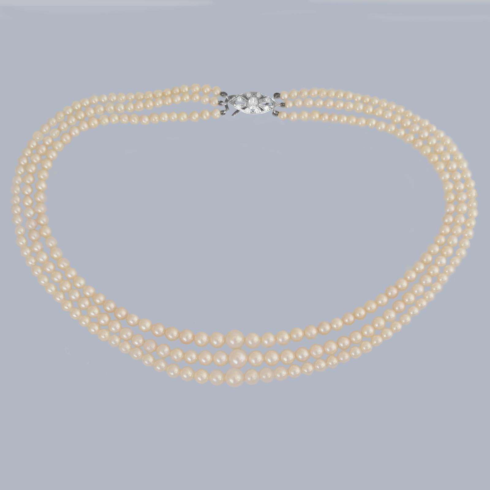 1950s Triple Strand Cultured Pearl Necklace with Diamond 9ct White Gold Clasp (1 of 7) 1950s Triple Strand Cultured Pearl Necklace with Diamond 9ct White Gold Clasp (1 of 7)