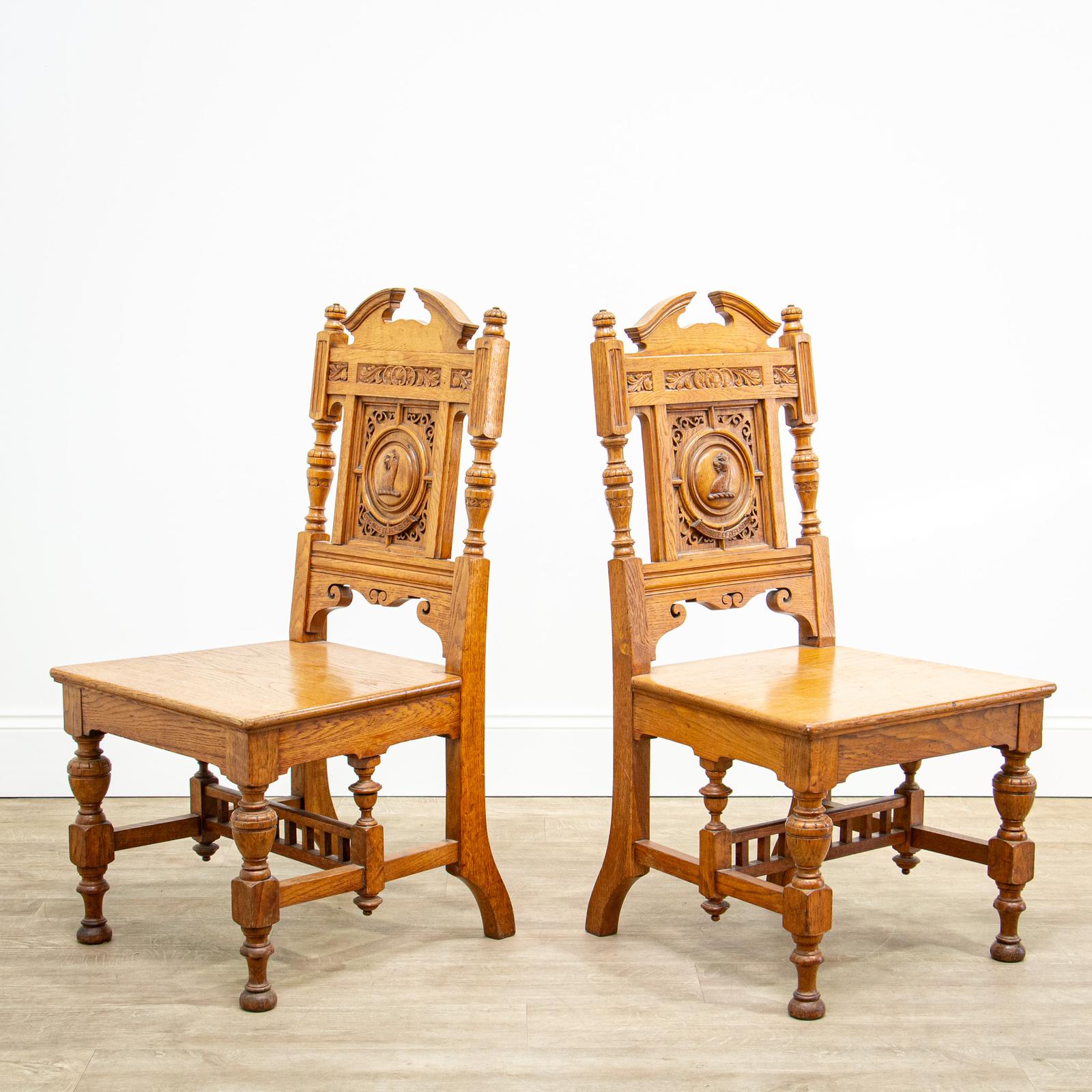 Pair of Large Carved Honey Oak Hall Chairs (1 of 13) Pair of Large Carved Honey Oak Hall Chairs (1 of 13)