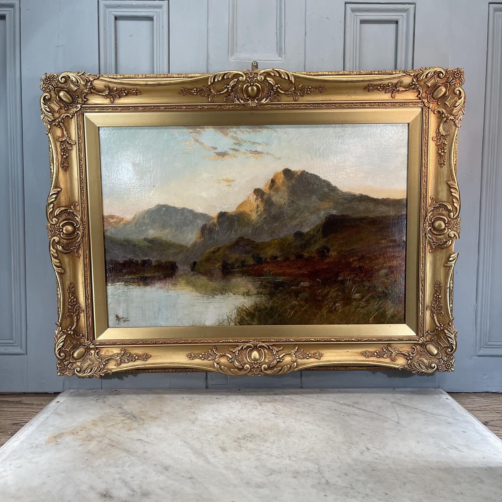 Large Antique Scottish Landscape Oil Painting of Loch and Mountains Signed J H Boel 1904 (1 of 10) Large Antique Scottish Landscape Oil Painting of Loch and Mountains Signed J H Boel 1904 (1 of 10)