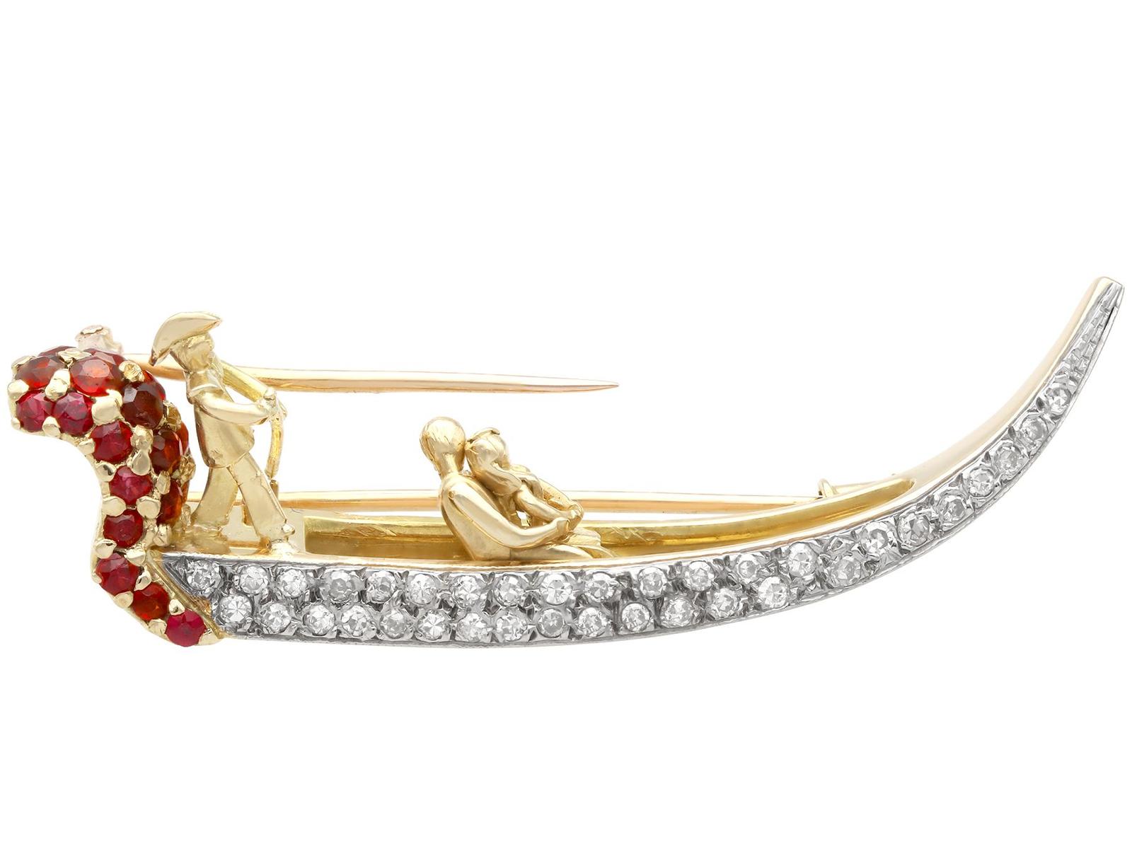 0.88ct Diamond, 0.84ct Garnet & Ruby, 18ct Yellow Gold Gondola Brooch - Vintage c.1950 (1 of 9)