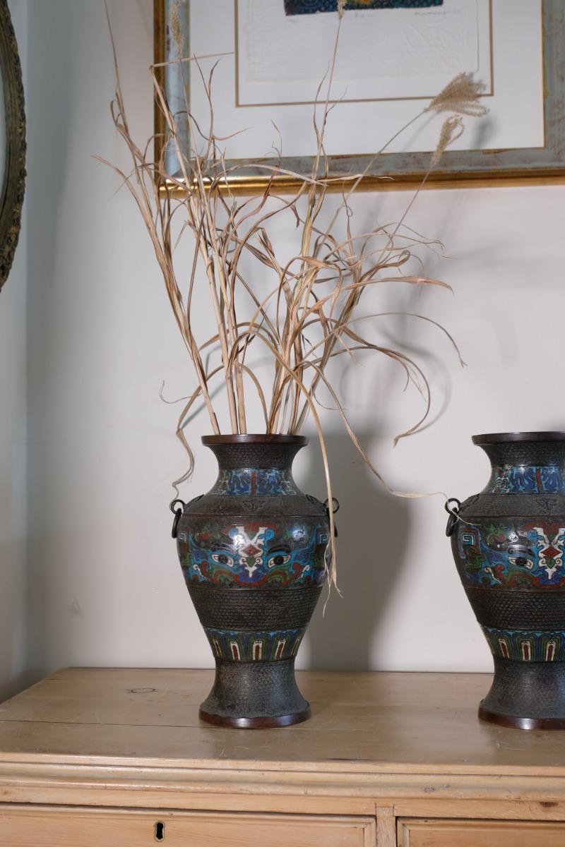 Pair of Matching Chinese Champlevé Enamel Bronze Vases (1 of 15)