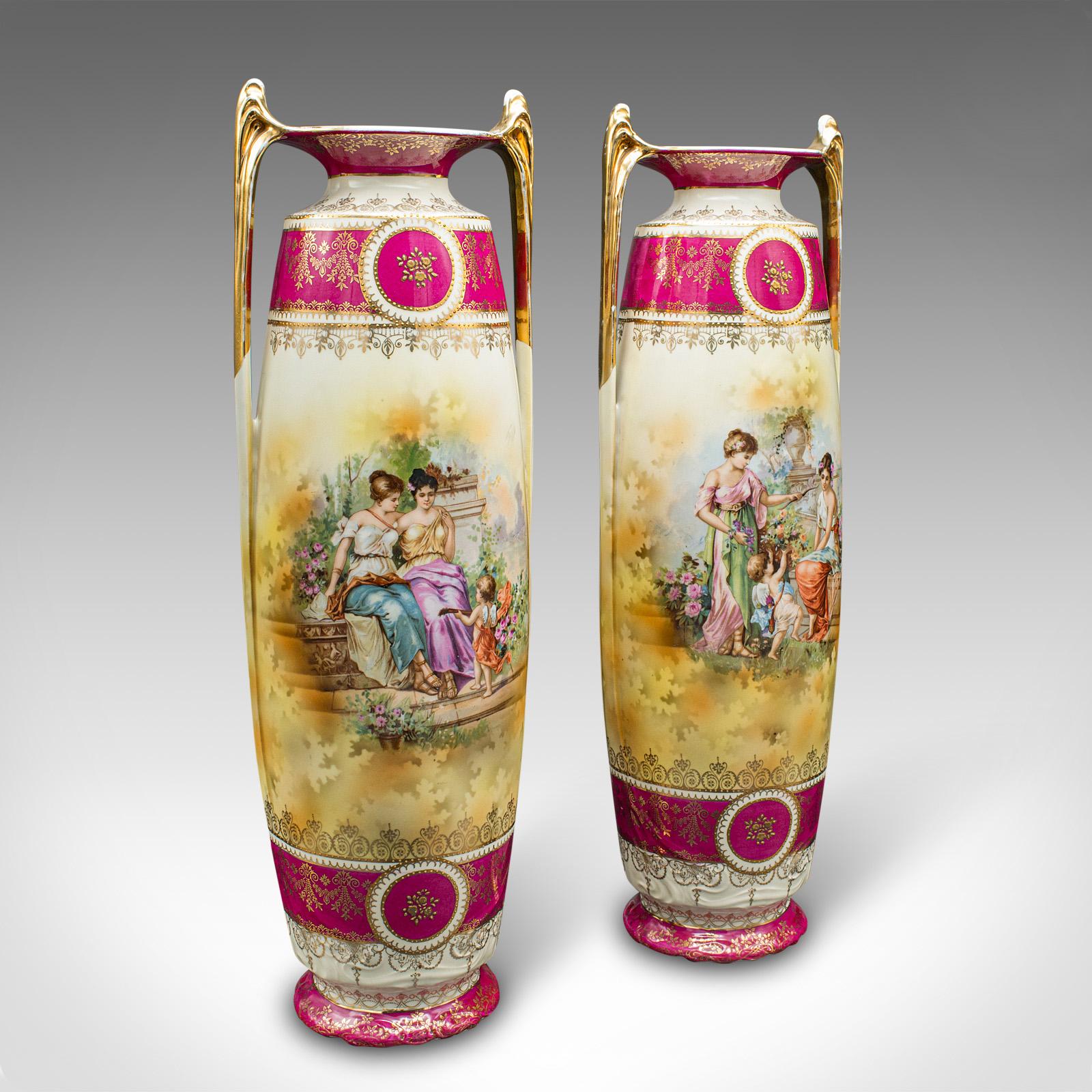 Pair of Tall Antique Stem Vases, Austrian, Ceramic, Flower Sleeve, Victorian (1 of 12)